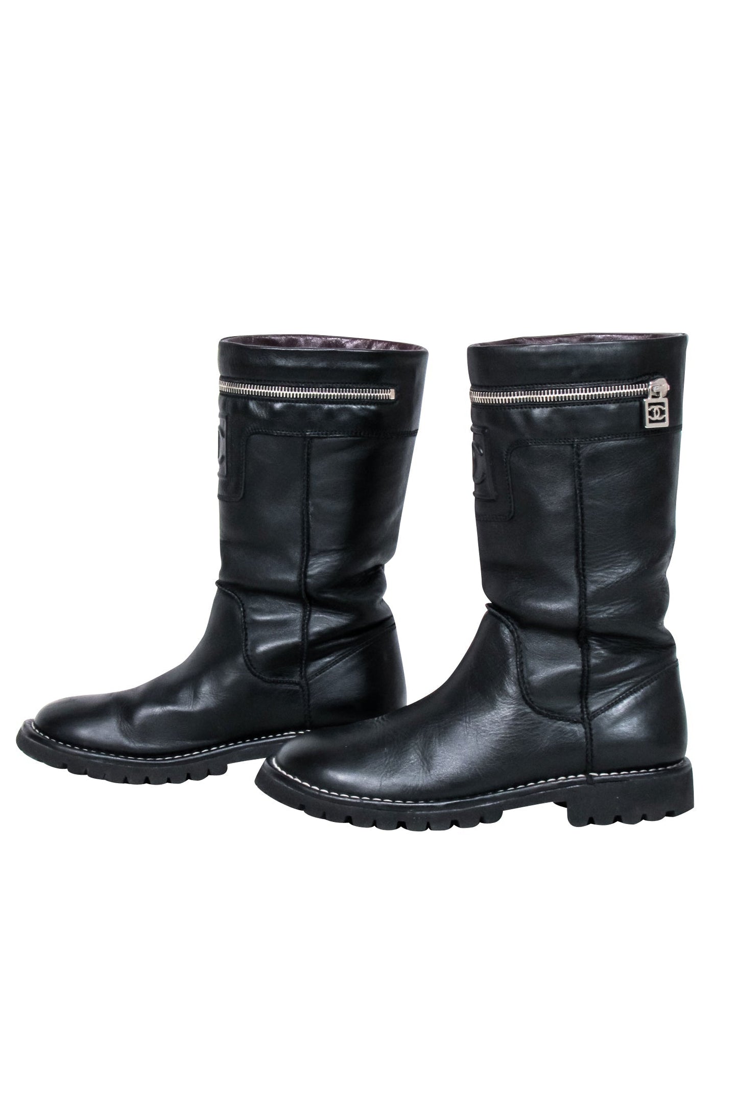 Chanel - Black Leather Mid Calf Boots Sz