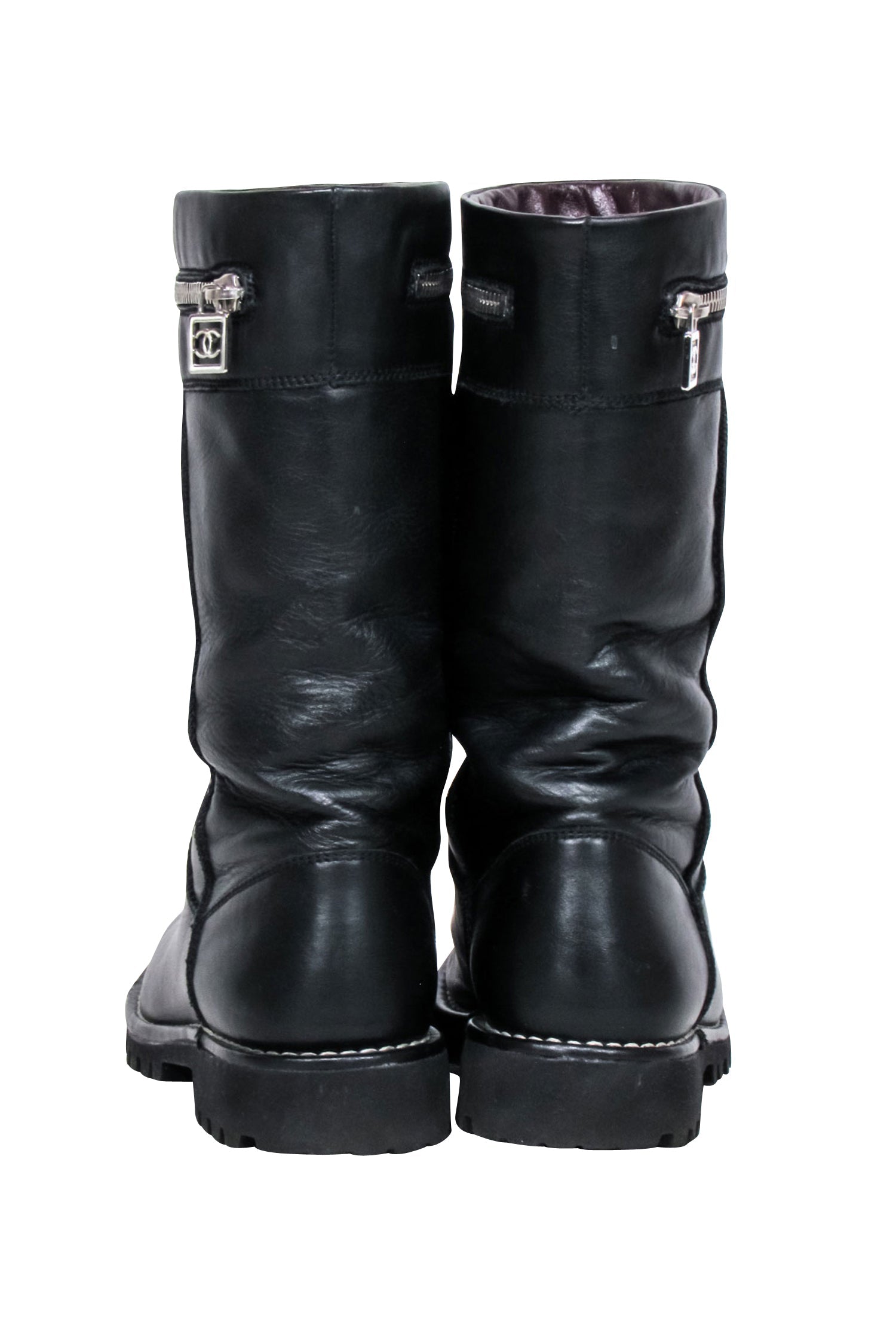 Chanel - Black Leather Mid Calf Boots Sz