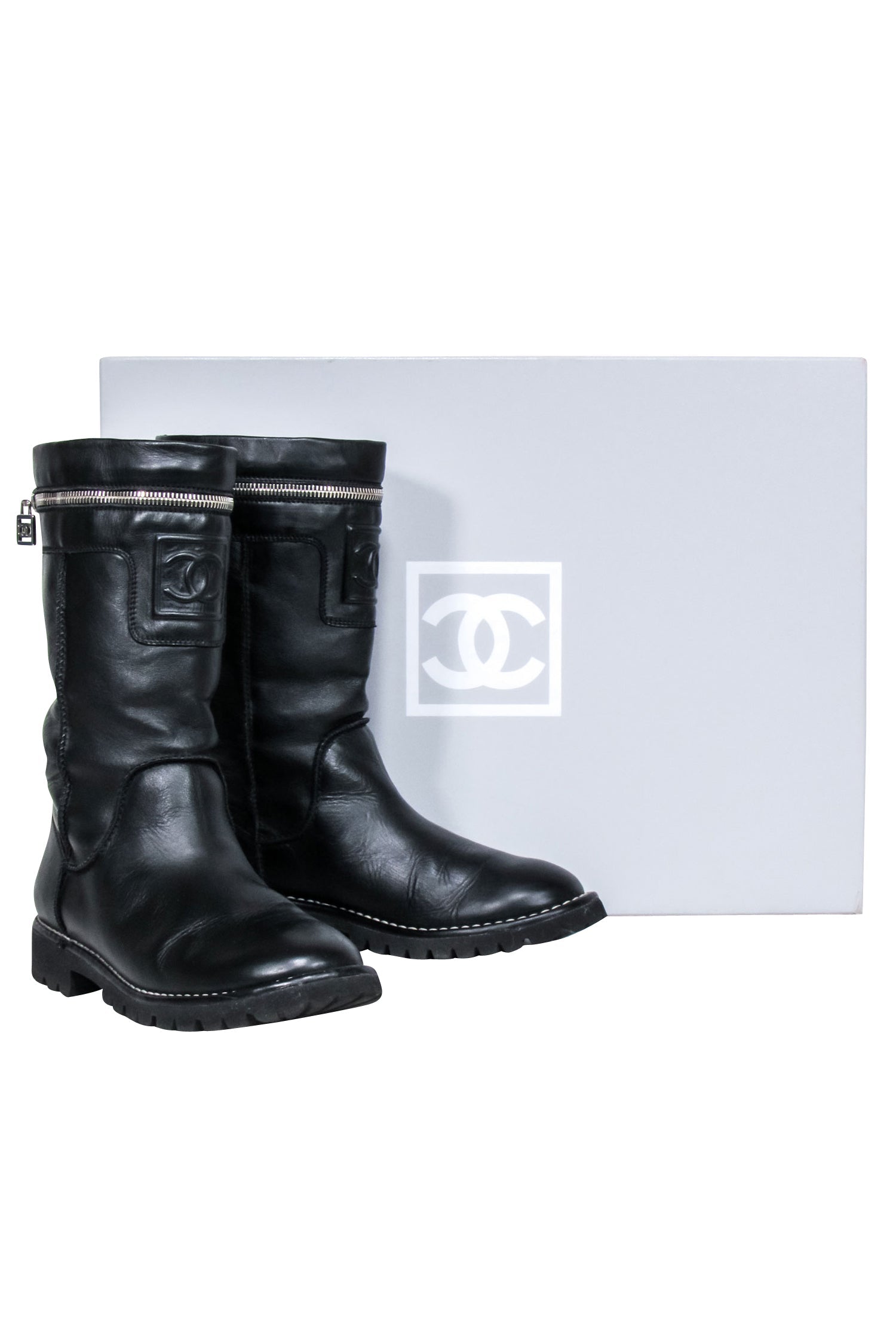 Chanel - Black Leather Mid Calf Boots Sz