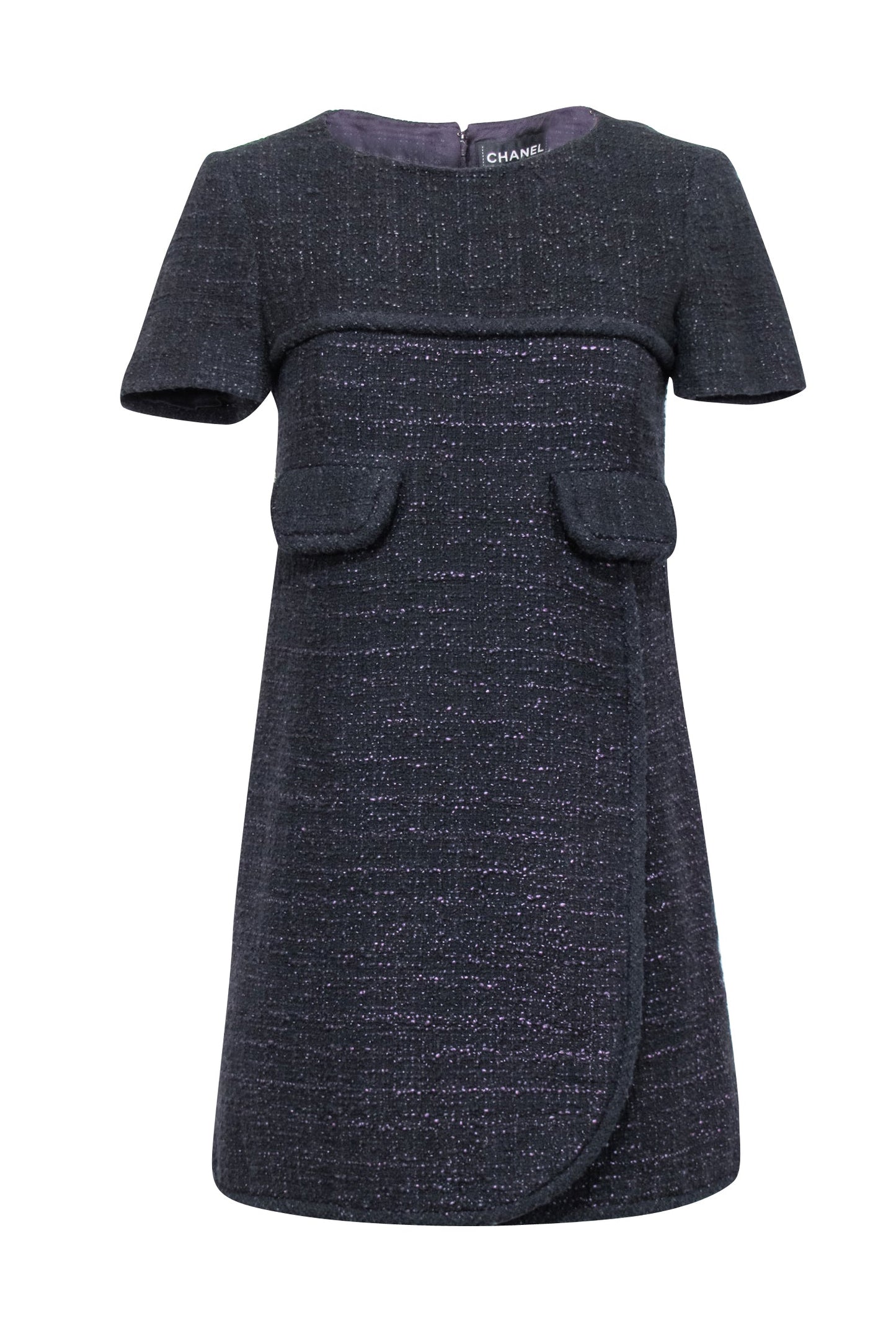 Chanel - Green Tweed Long Sleeve Shift Dress Sz