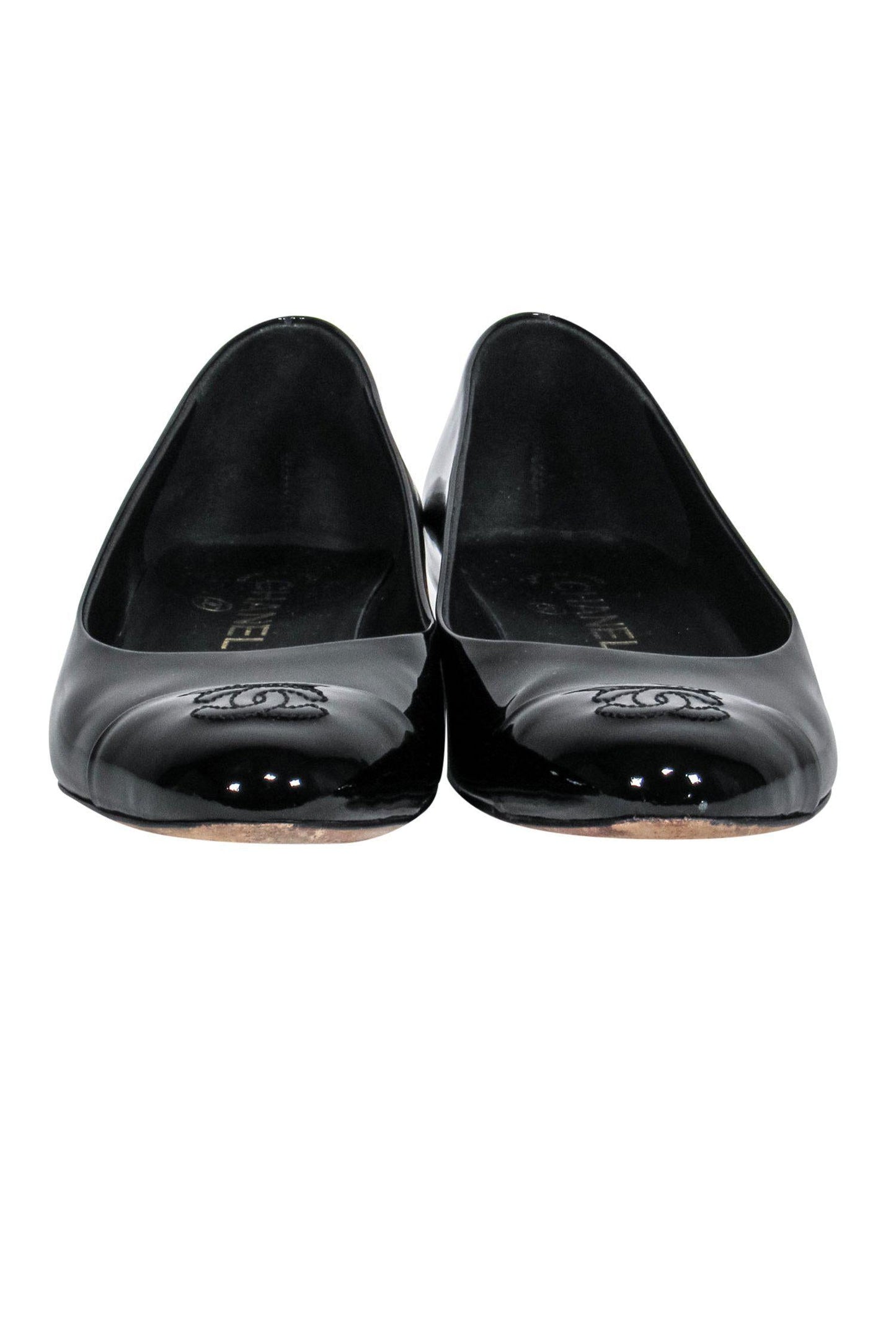 Chanel - Black Patent Leather Flats w/ Logo Sz