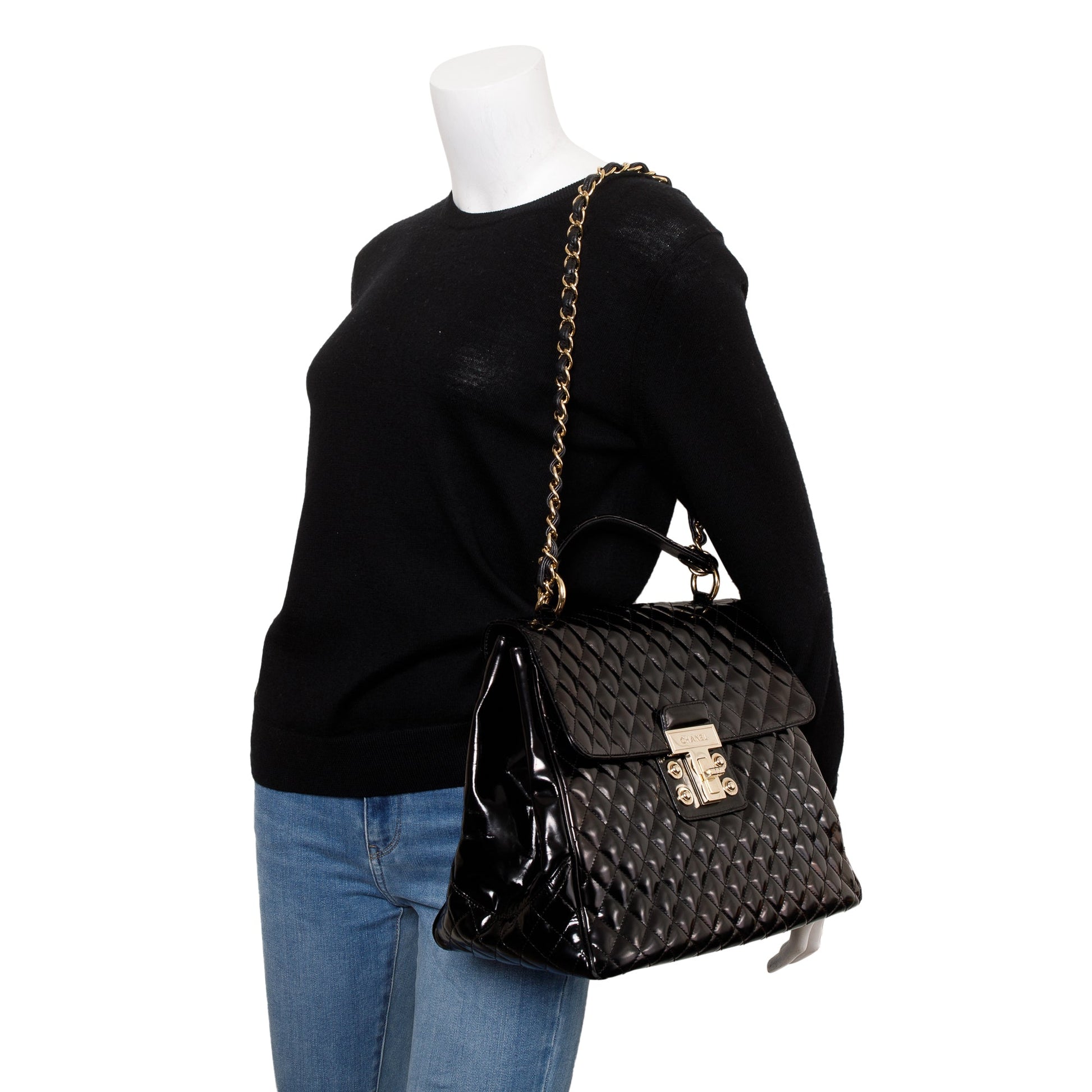 Chanel Patent Mademoiselle Kelly Flap Leather Black Travel Bag