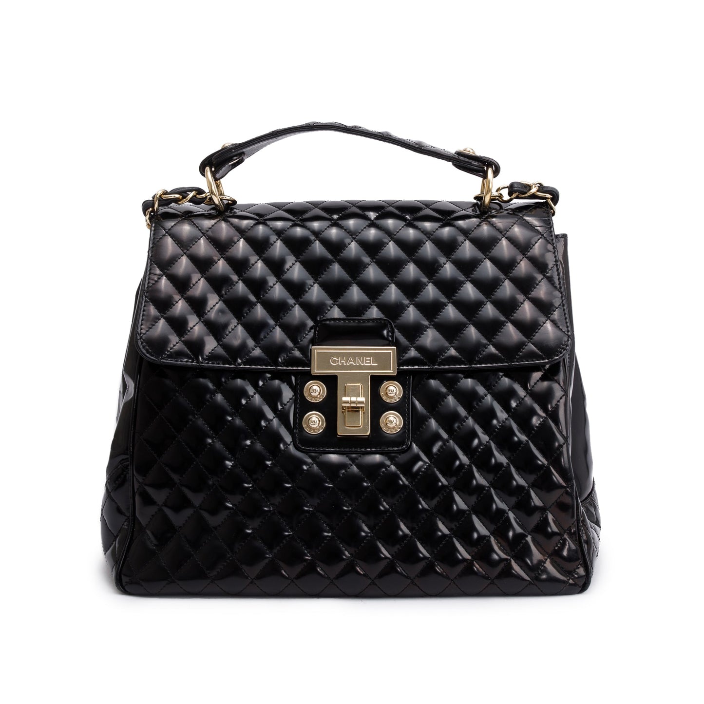 Chanel Patent Mademoiselle Kelly Flap Leather Black Travel Bag