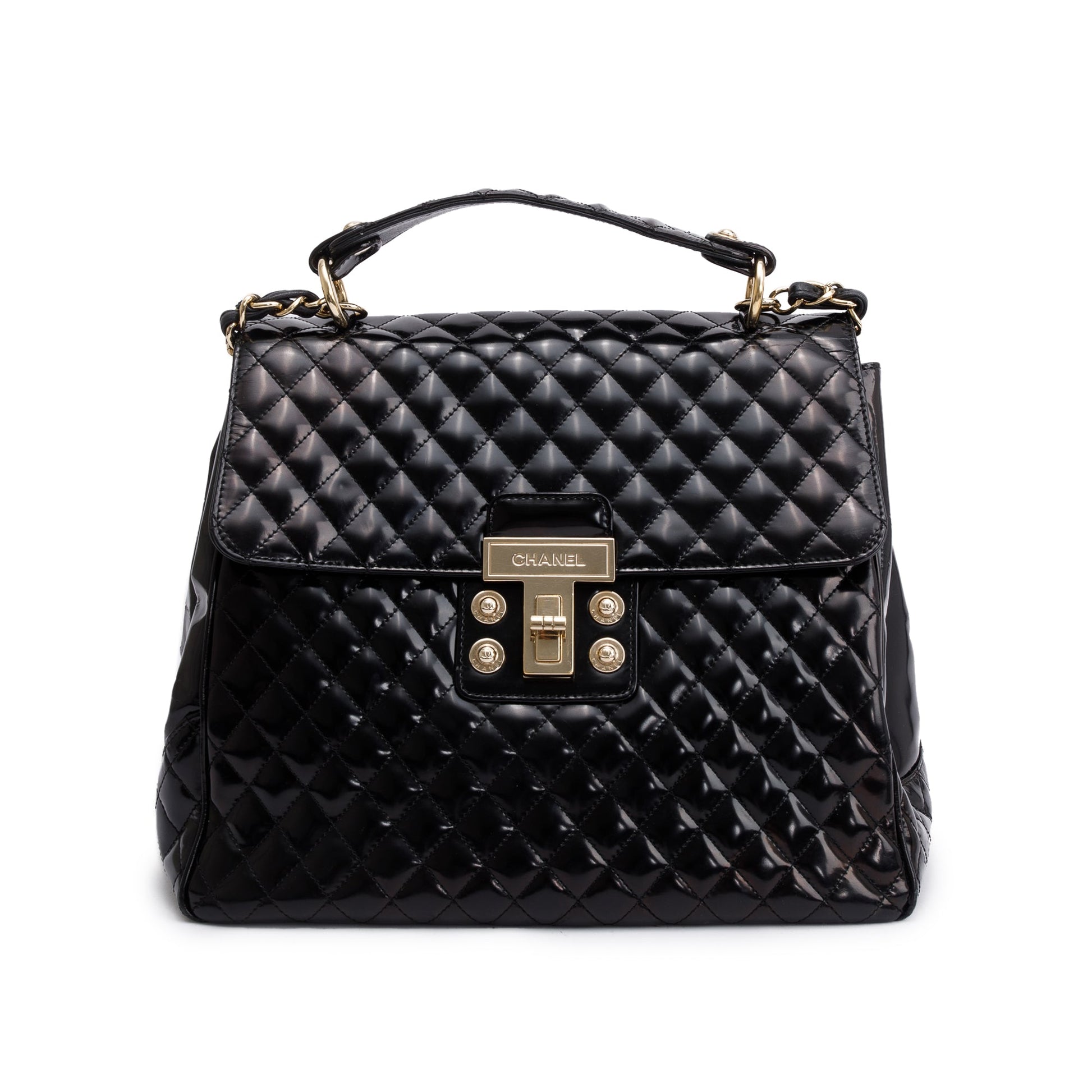 Chanel Patent Mademoiselle Kelly Flap Leather Black Travel Bag
