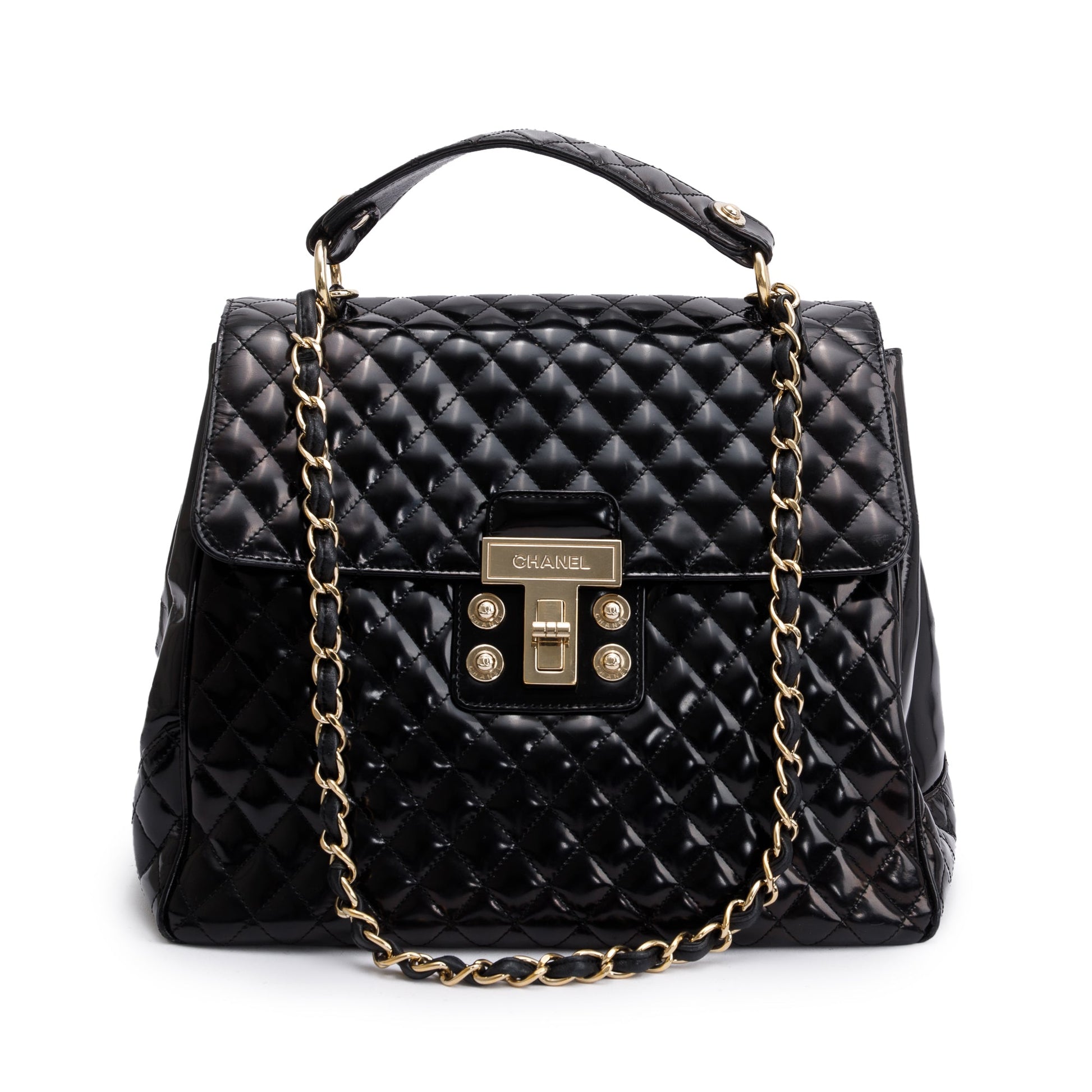 Chanel Patent Mademoiselle Kelly Flap Leather Black Travel Bag