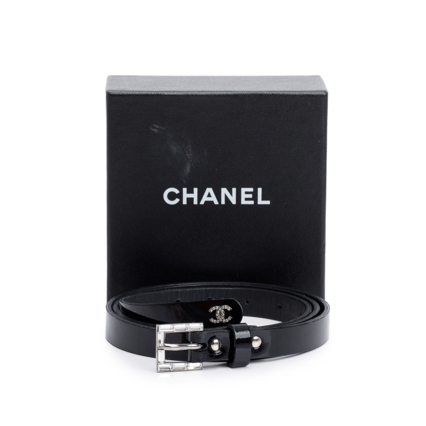 Chanel Patent Strass Buckle Skinny Belt Leather Black