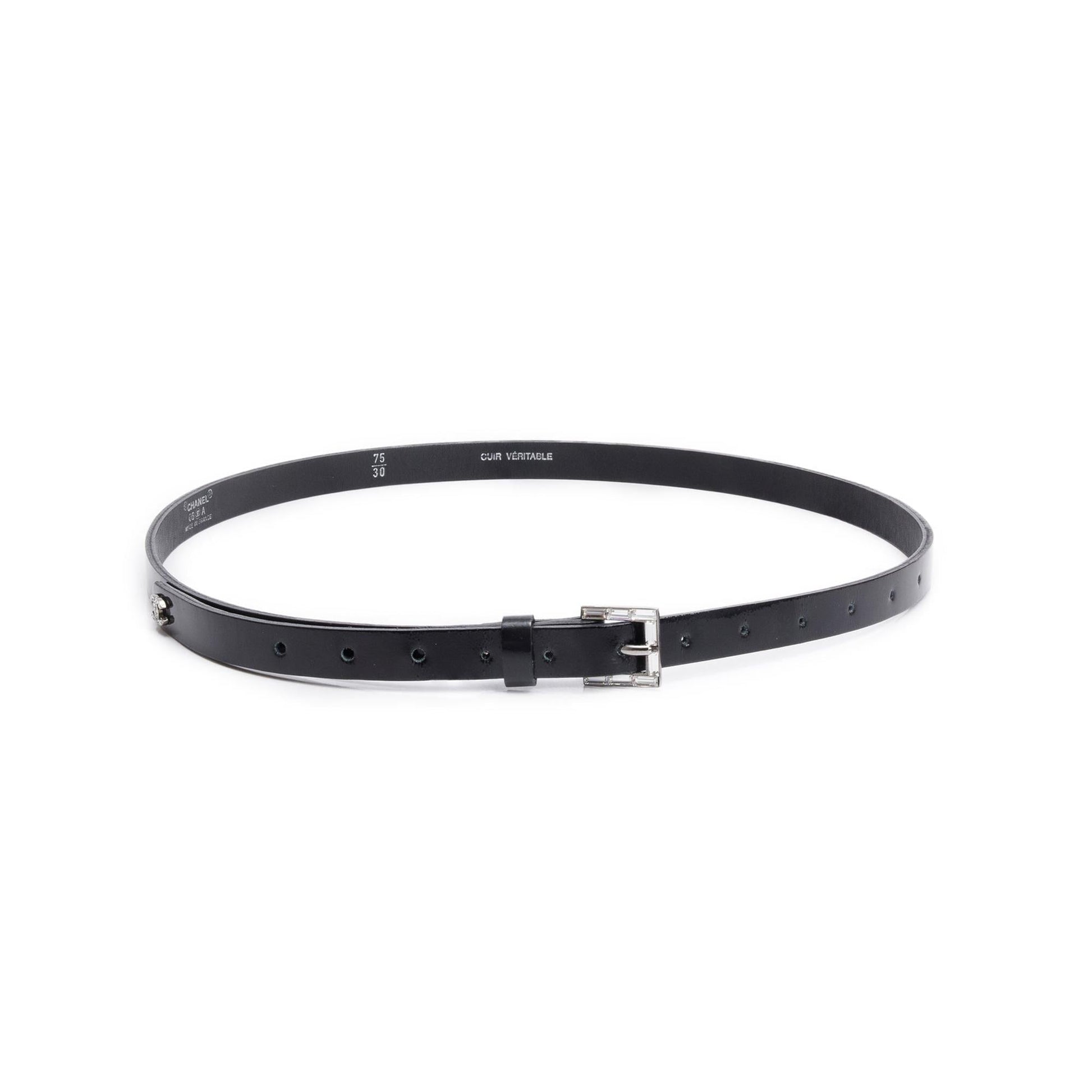Chanel Patent Strass Buckle Skinny Belt Leather Black
