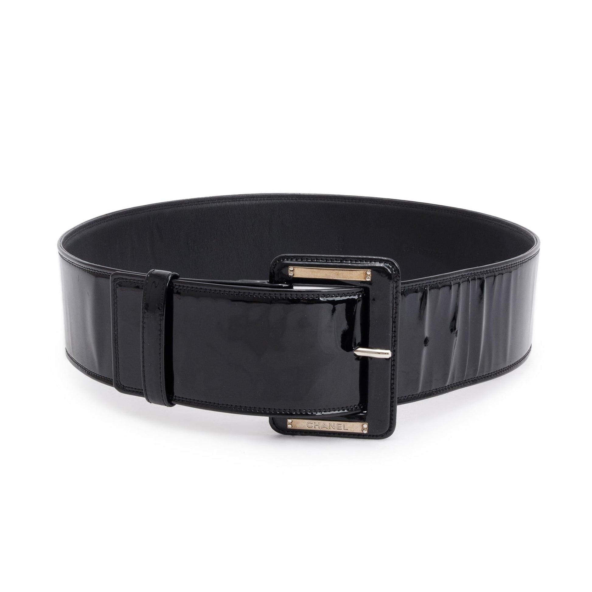 Chanel Patent Wide Buckle Belt 75 Leather Black