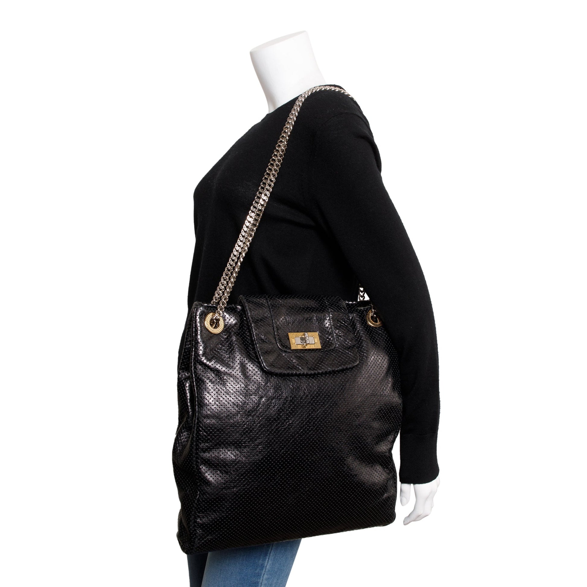 Chanel Perforated Drill Leather Calfskin Black Travel Bag
