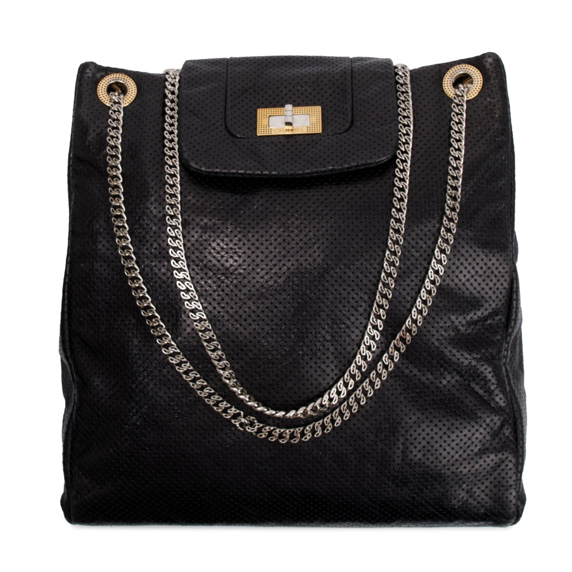 Chanel Perforated Drill Leather Calfskin Black Travel Bag