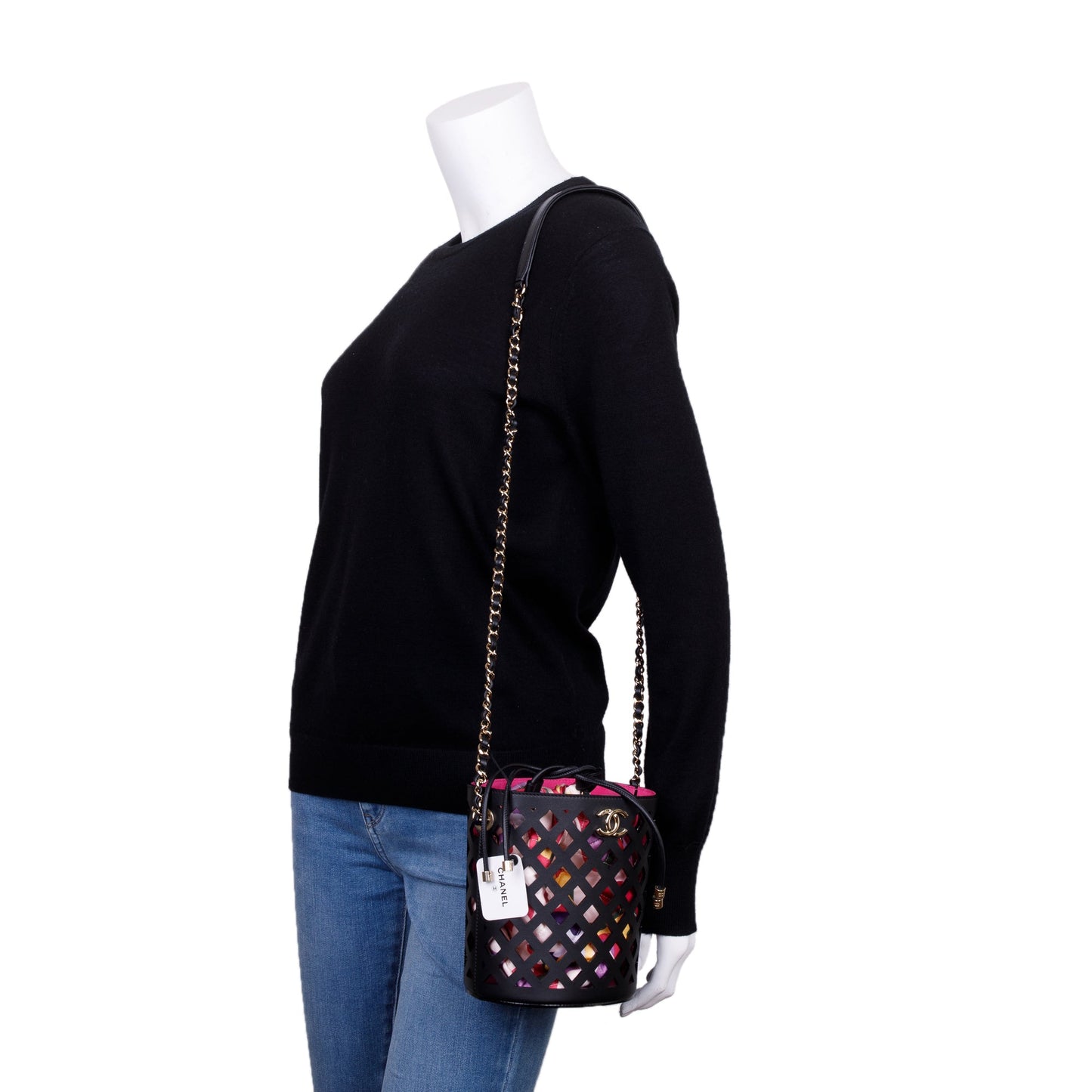 Chanel Perforated See Through Bucket Calfskin Black Travel Bag
