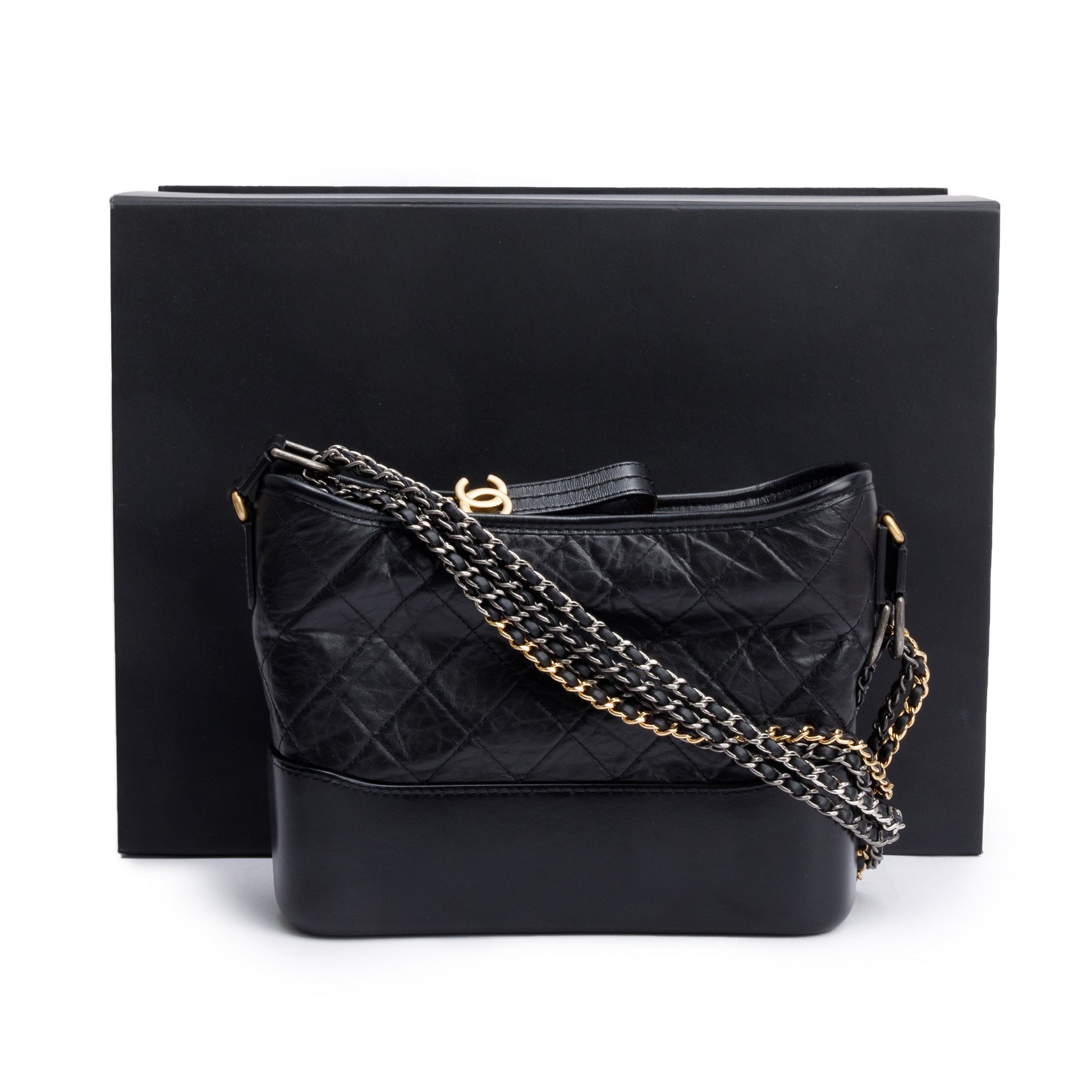 Chanel Quilted Aged Gabrielle Hobo Leather Calfskin Black Travel Bag