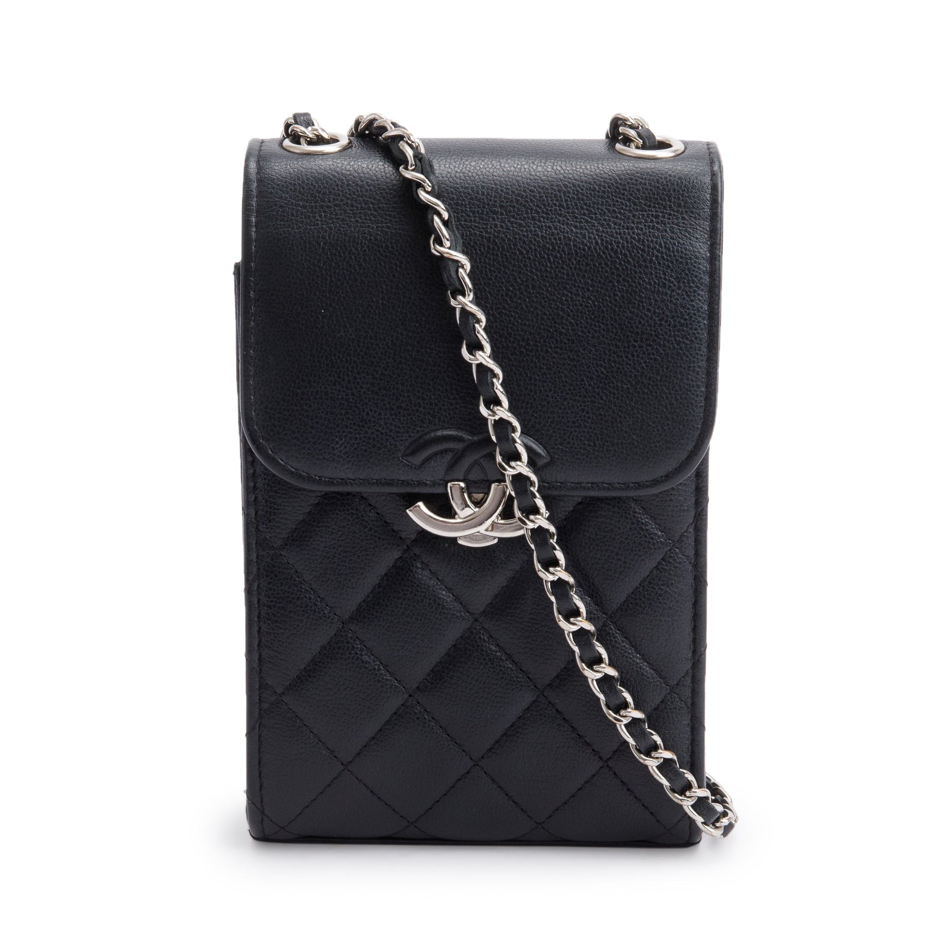 Chanel Quilted CC Box Flap Phone Leather Calfskin Black Travel Bag