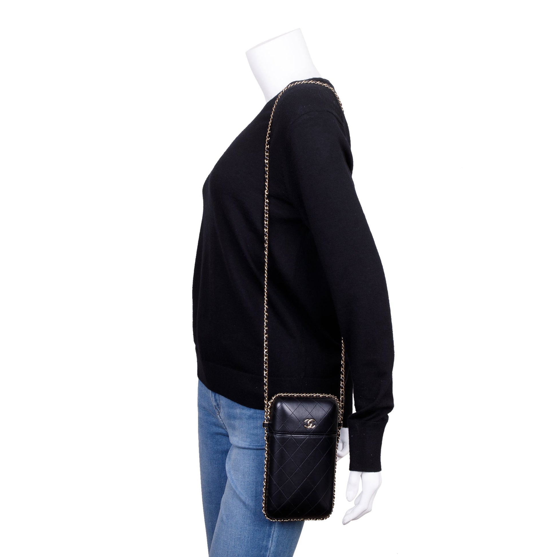 Chanel Quilted Around Box Phone Holder Leather Calfskin Black Travel Bag