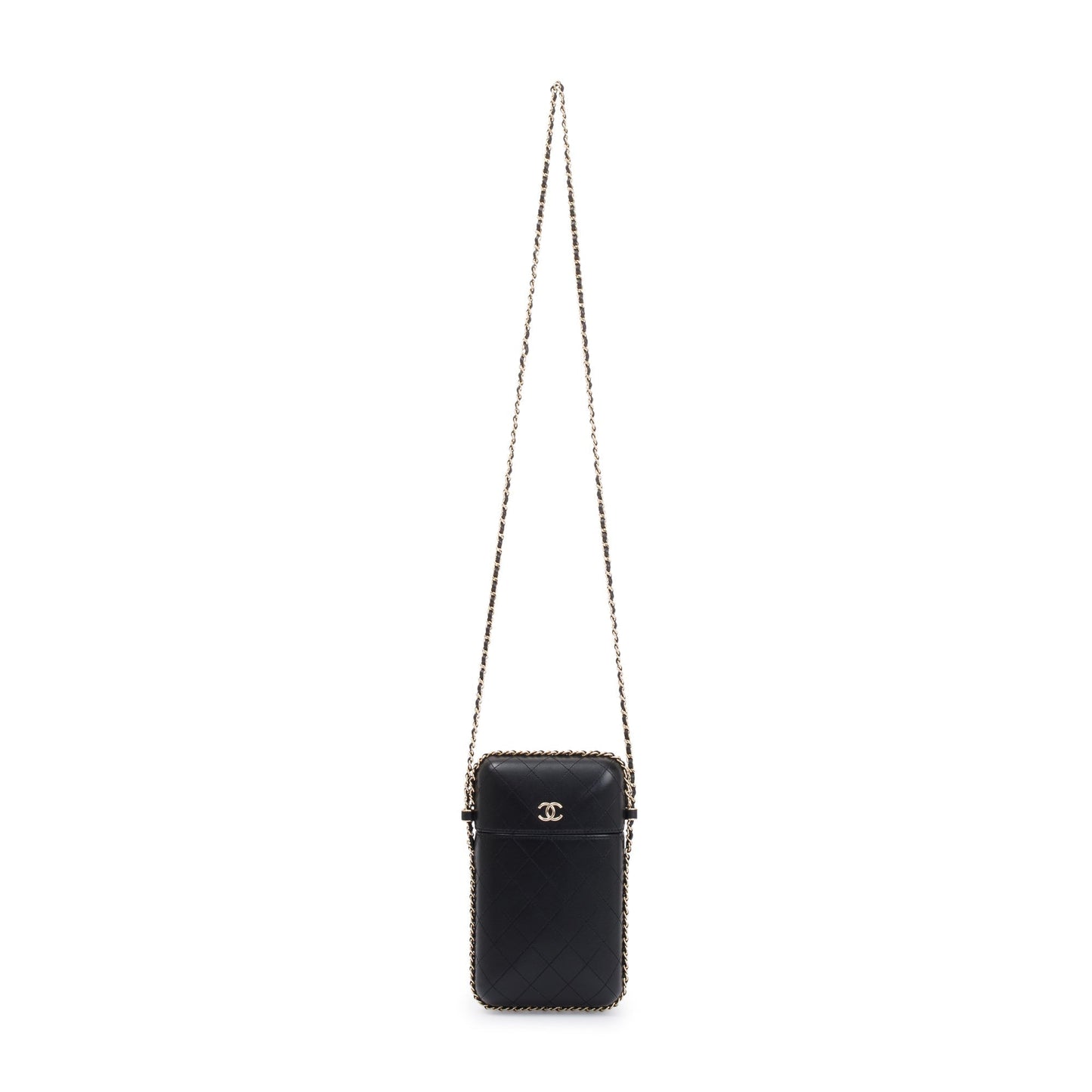 Chanel Quilted Around Box Phone Holder Leather Calfskin Black Travel Bag