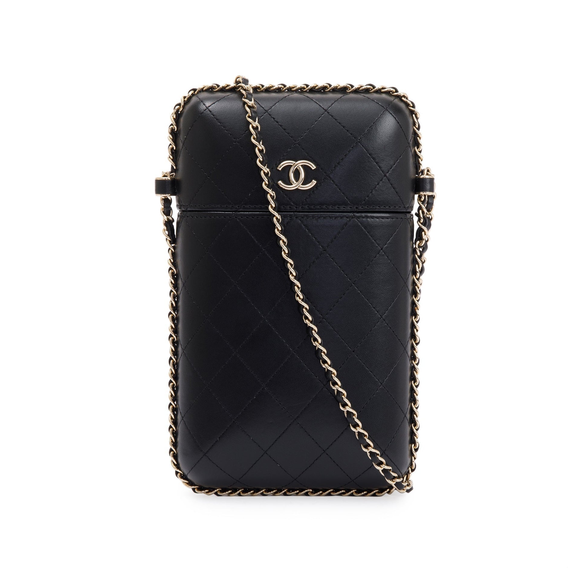 Chanel Quilted Around Box Phone Holder Leather Calfskin Black Travel Bag