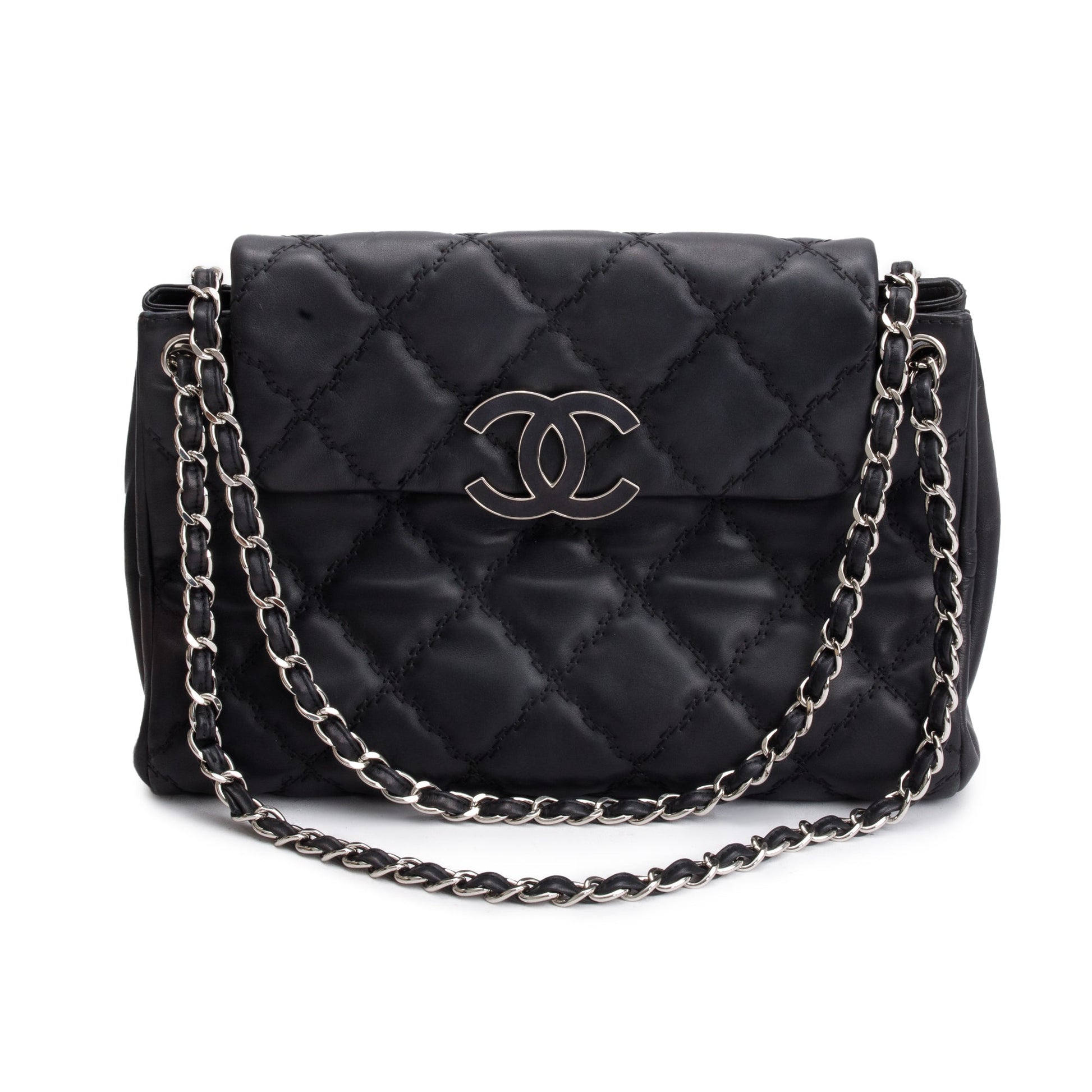 Chanel Quilted Double Stitch Hamptons Flap Leather Calfskin Black Travel Bag