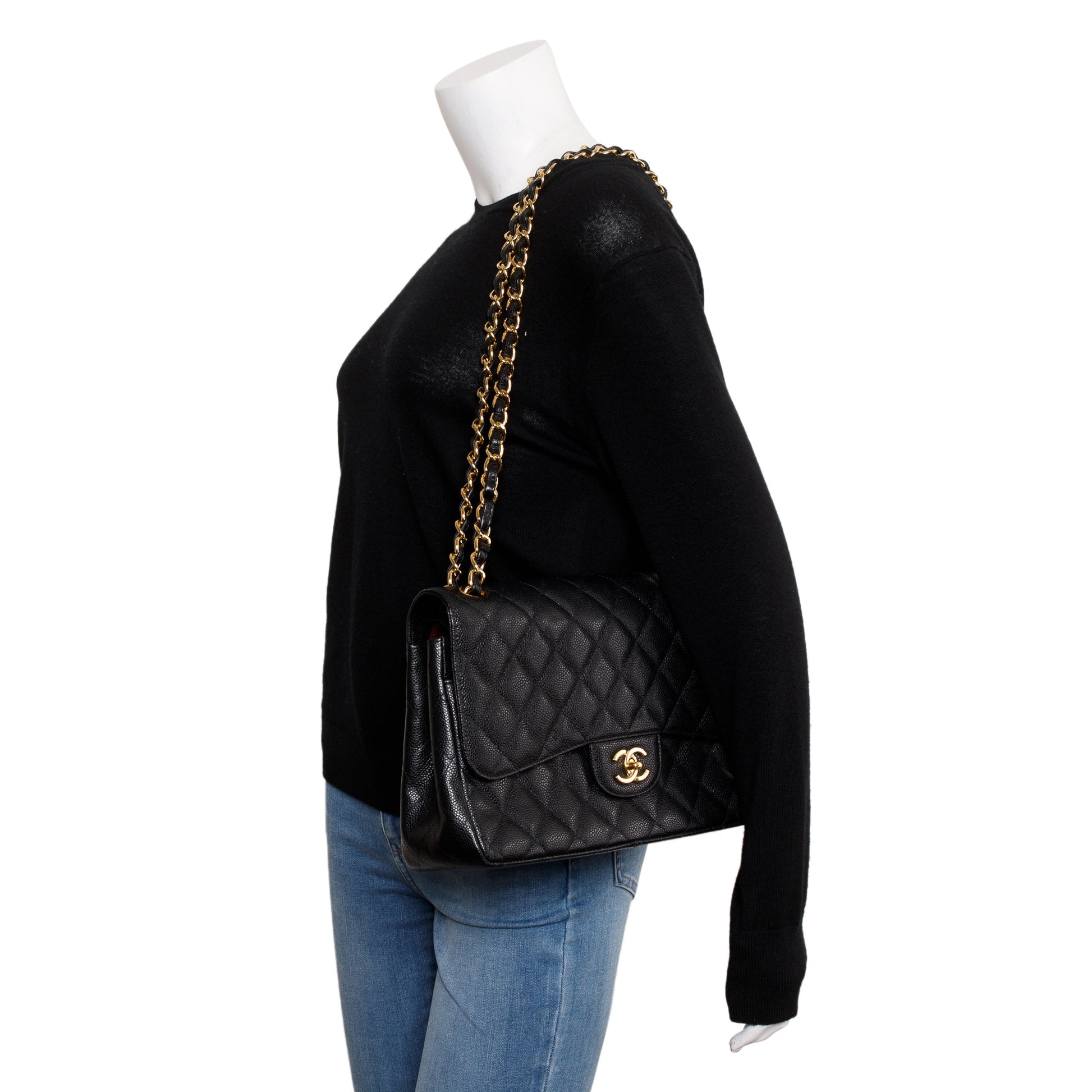 Chanel Quilted Caviar Classic Jumbo Double Leather Black Travel Bag