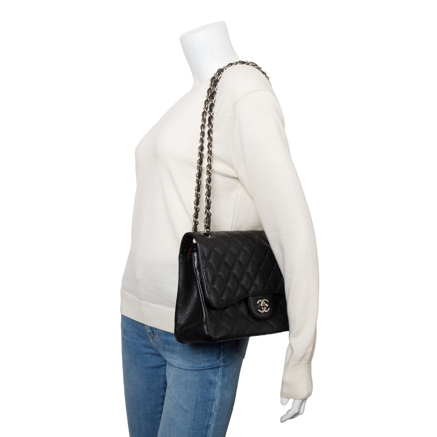 Chanel Quilted Caviar Classic Jumbo Double Leather Black Travel Bag Flap Bag