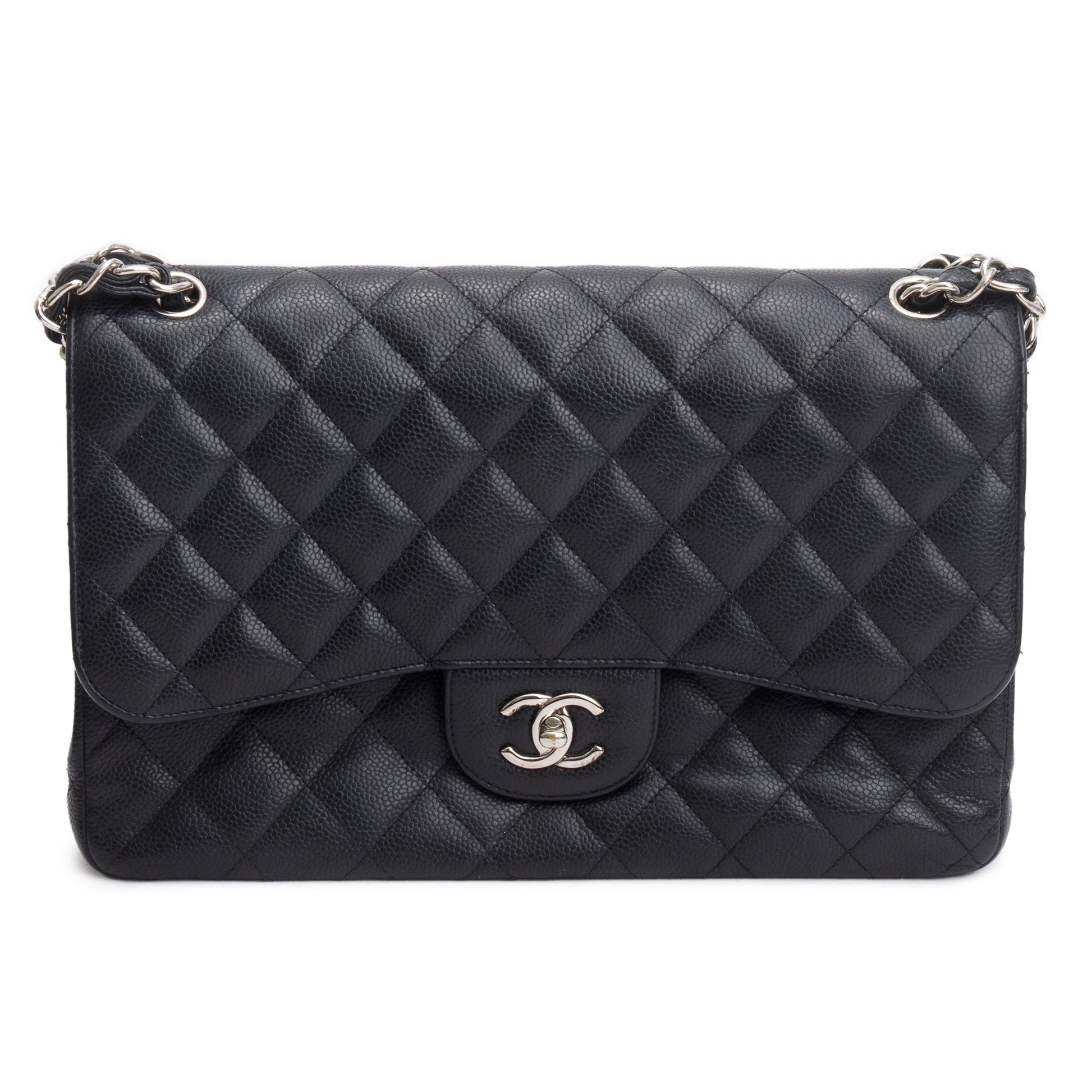 Chanel Quilted Caviar Classic Jumbo Double Leather Black Travel Bag Flap Bag