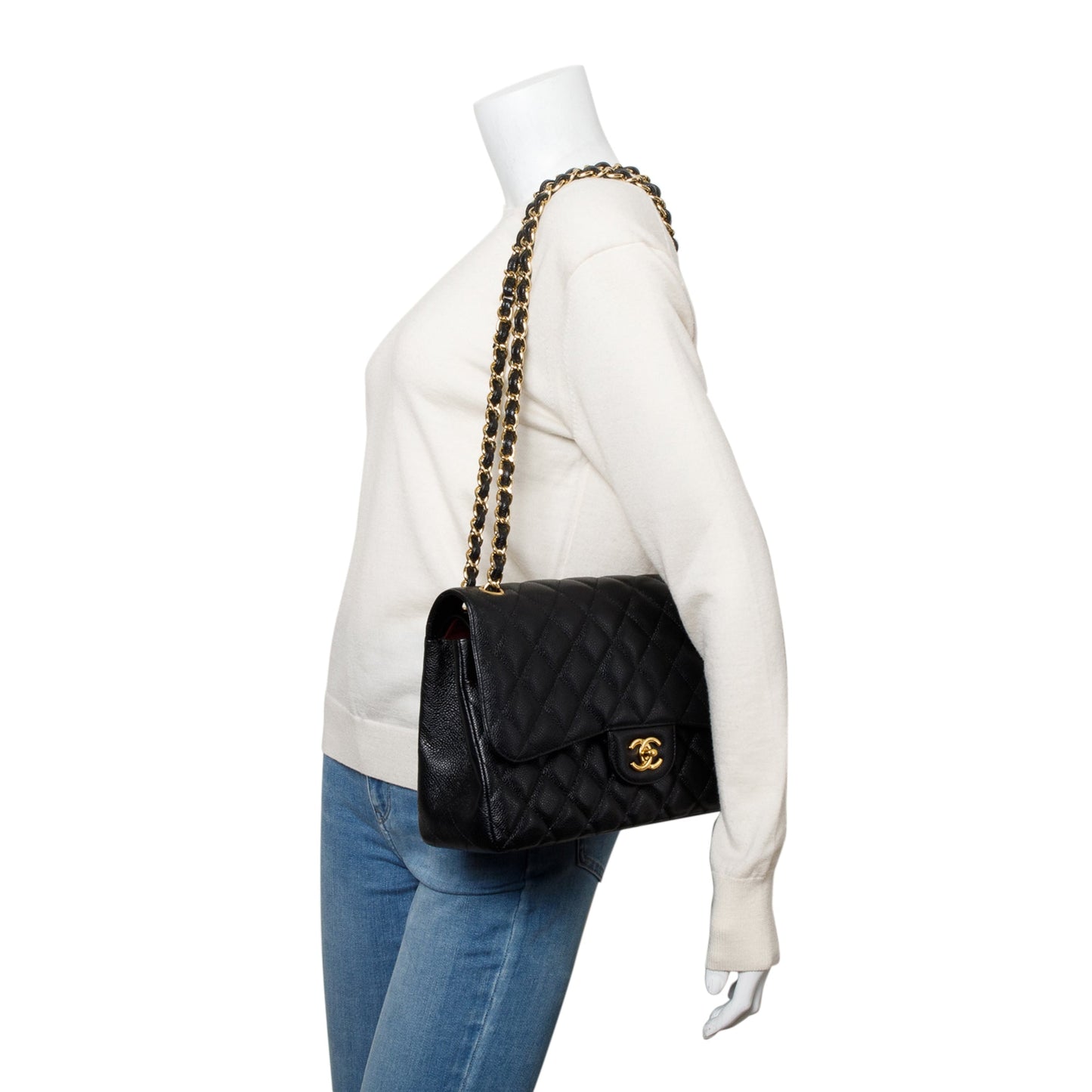 Chanel Quilted Caviar Classic Jumbo Double Leather Black Travel Bag W Box