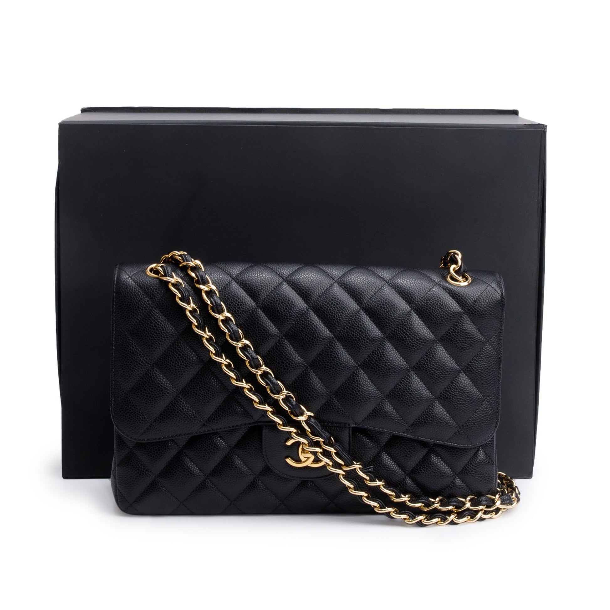Chanel Quilted Caviar Classic Jumbo Double Leather Black Travel Bag W Box