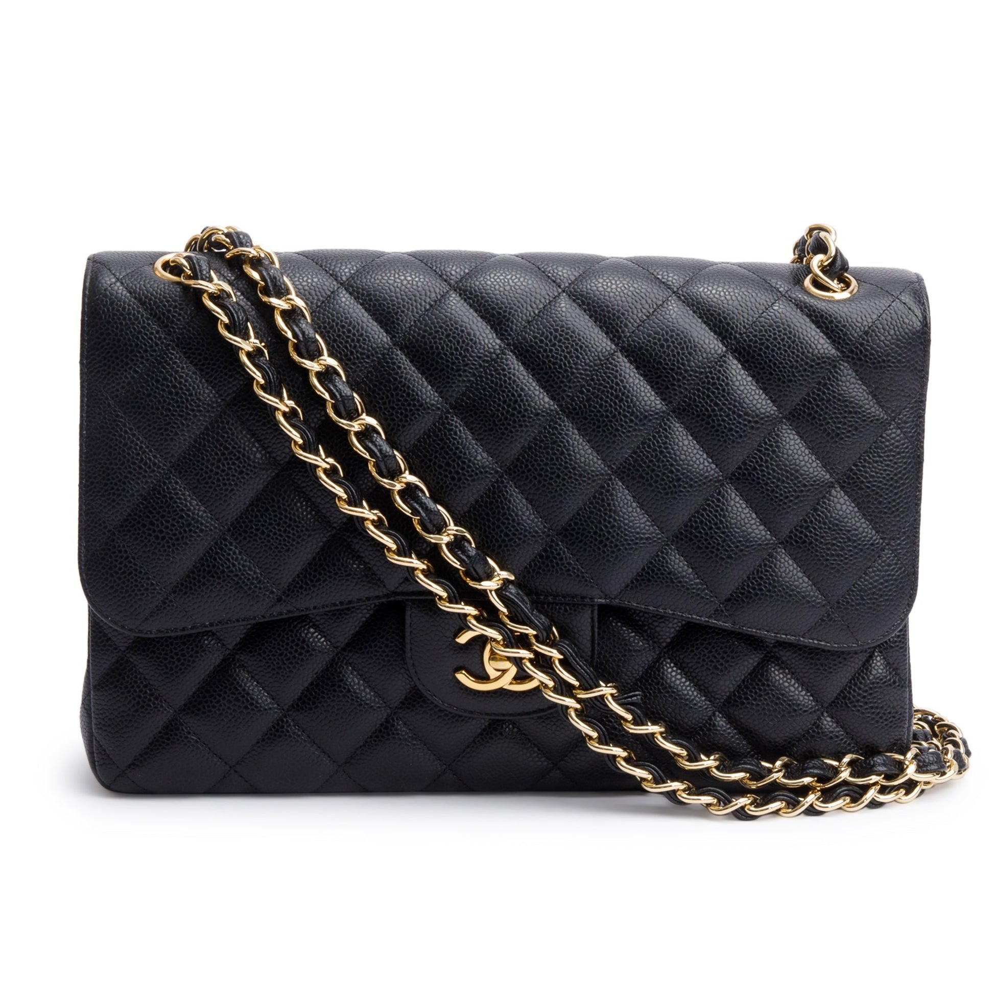 Chanel Quilted Caviar Classic Jumbo Double Leather Black Travel Bag W Box