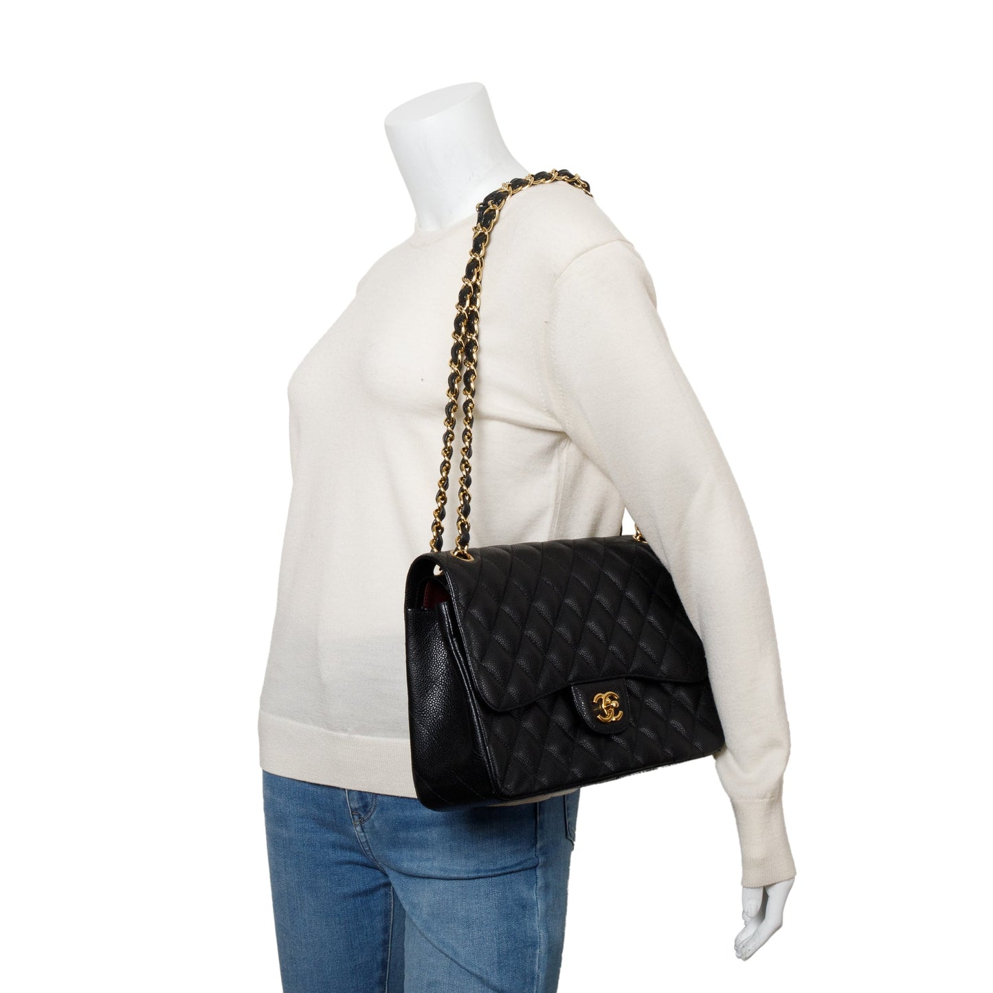 Chanel Quilted Caviar Classic Jumbo Double Leather Black Travel Bag W Receipt