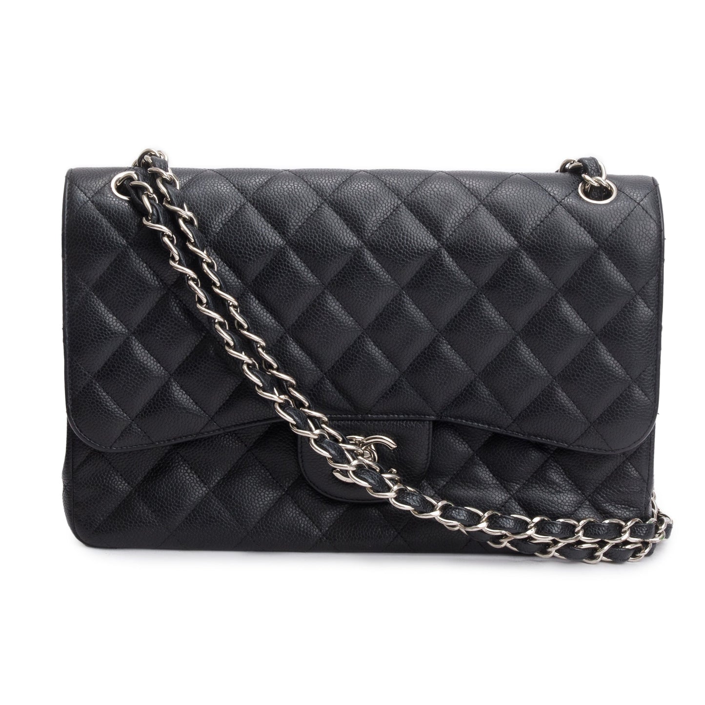 Chanel Quilted Caviar Classic Jumbo Double Leather Black Travel Bag Flap Bag