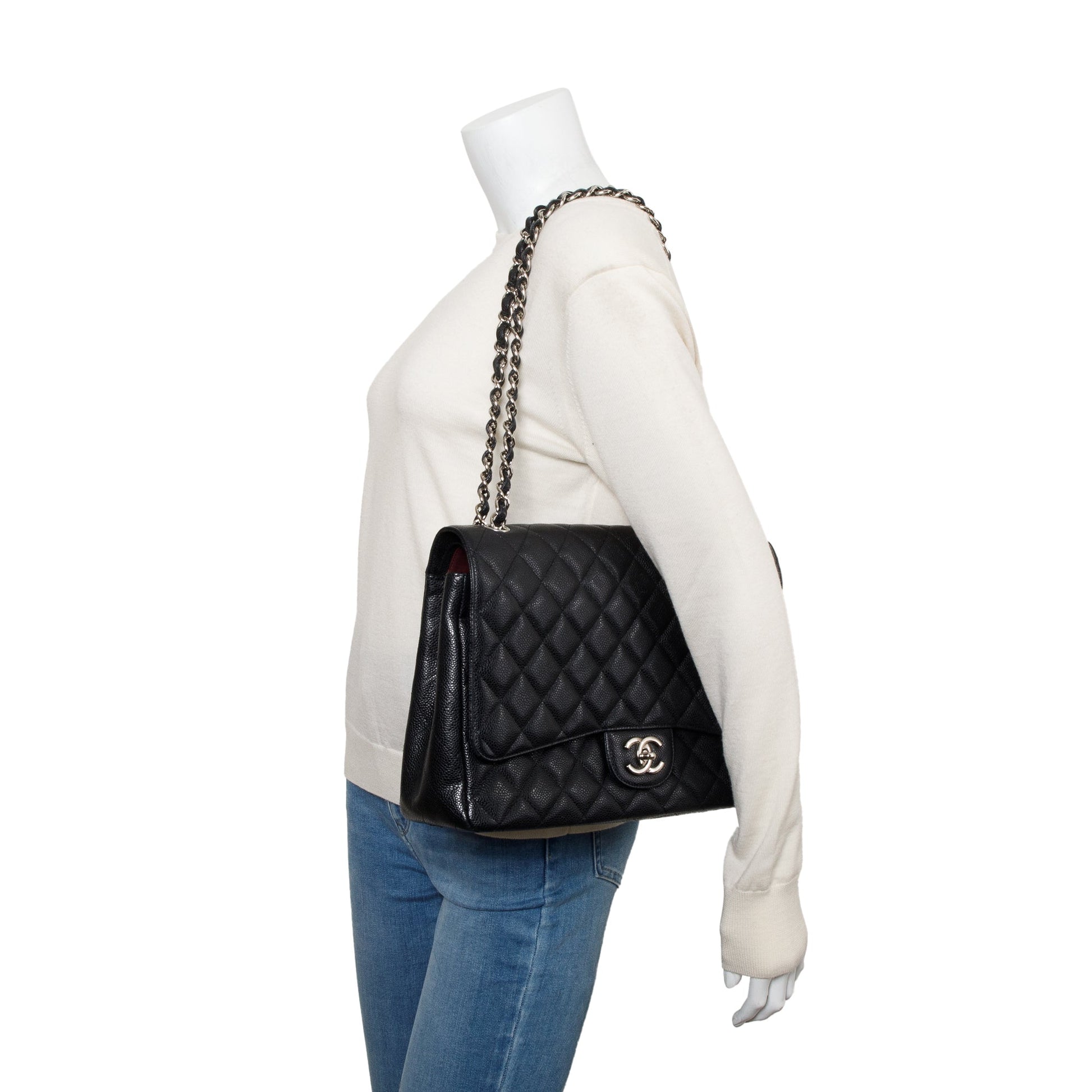 Chanel Quilted Caviar Classic Maxi Double Leather Black Travel Bag Flap Bag
