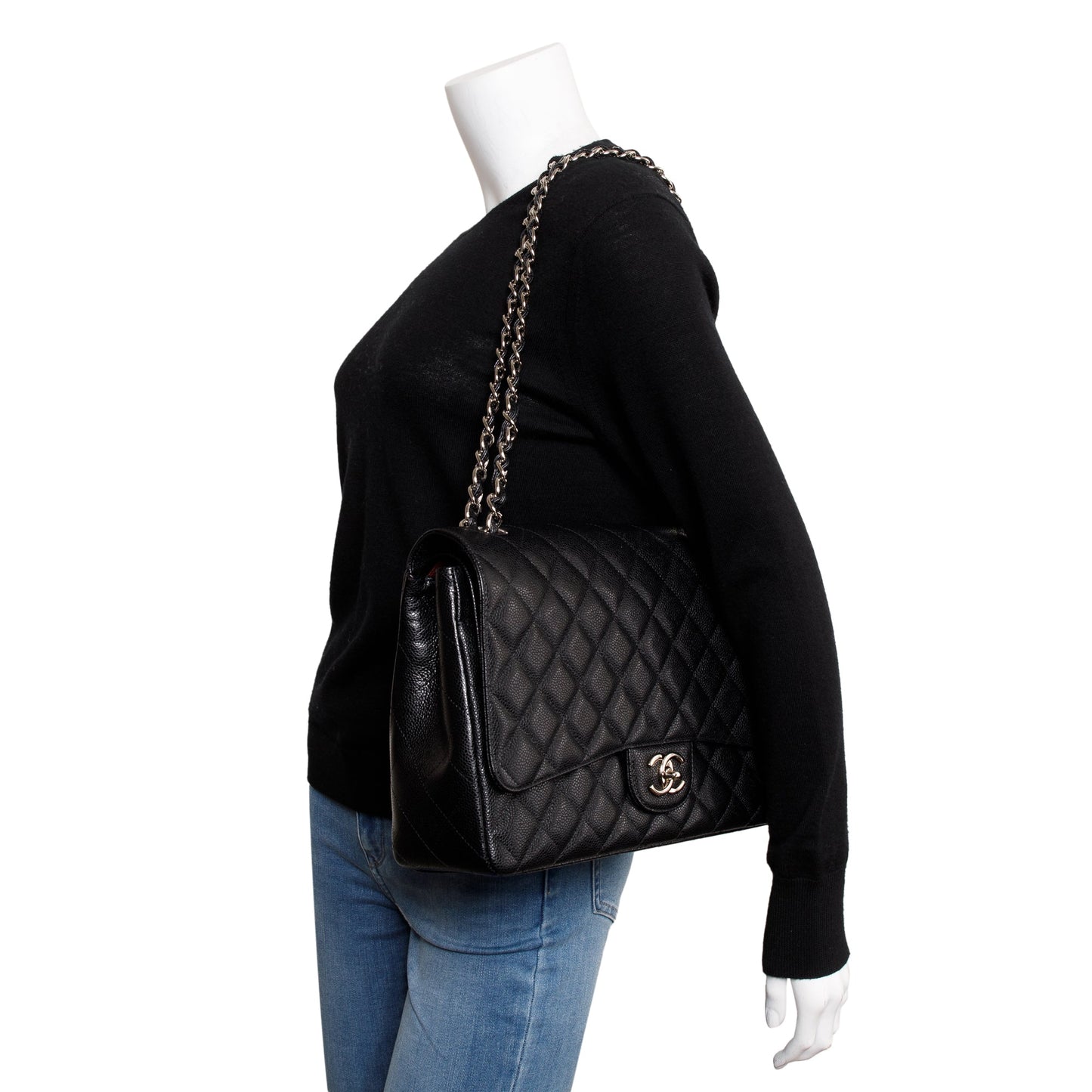 Chanel Quilted Caviar Classic Maxi Double Leather Black Travel Bag