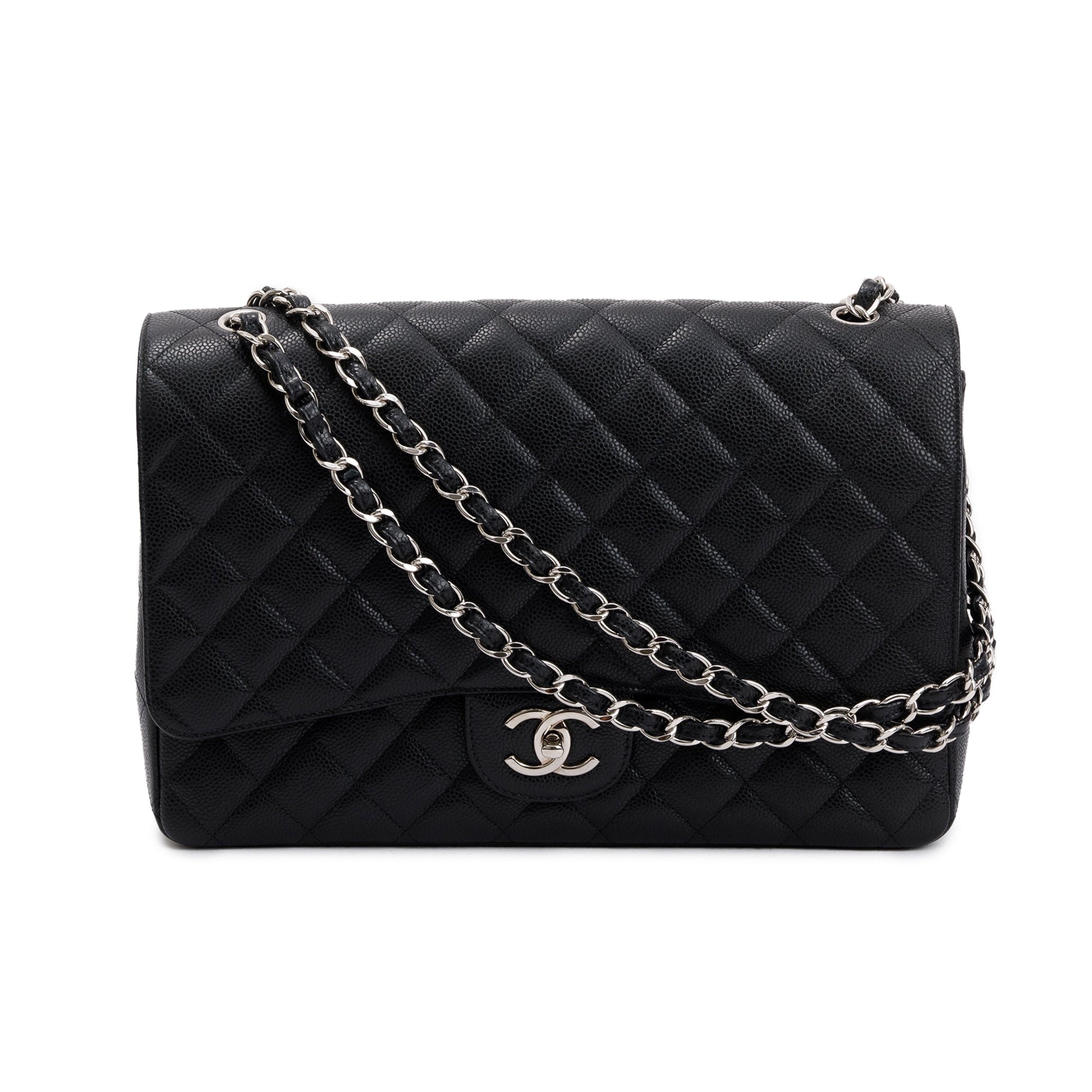 Chanel Quilted Caviar Classic Maxi Double Leather Black Travel Bag