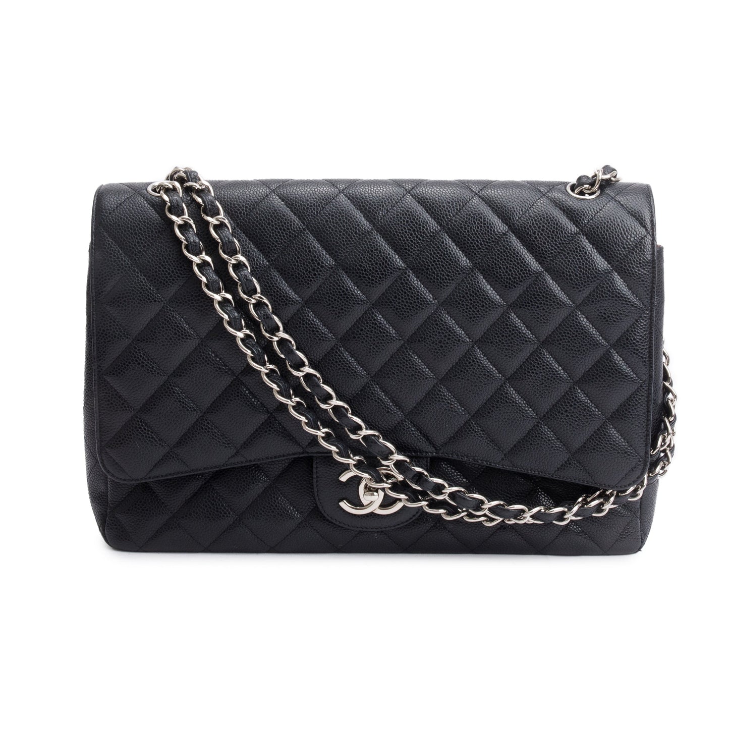 Chanel Quilted Caviar Classic Maxi Double Leather Black Travel Bag Flap Bag