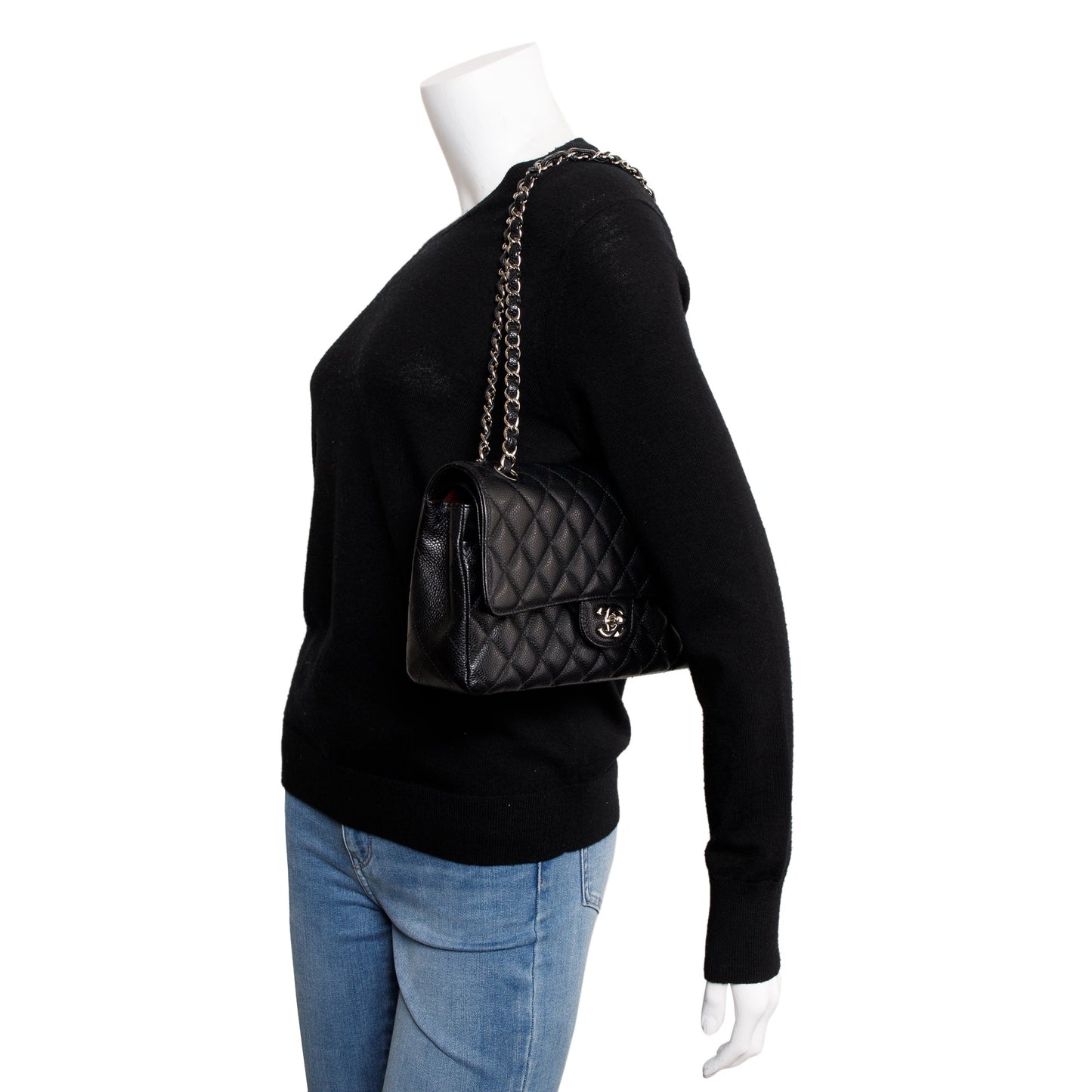 Chanel Quilted Caviar Classic Double Flap Leather Black Travel Bag
