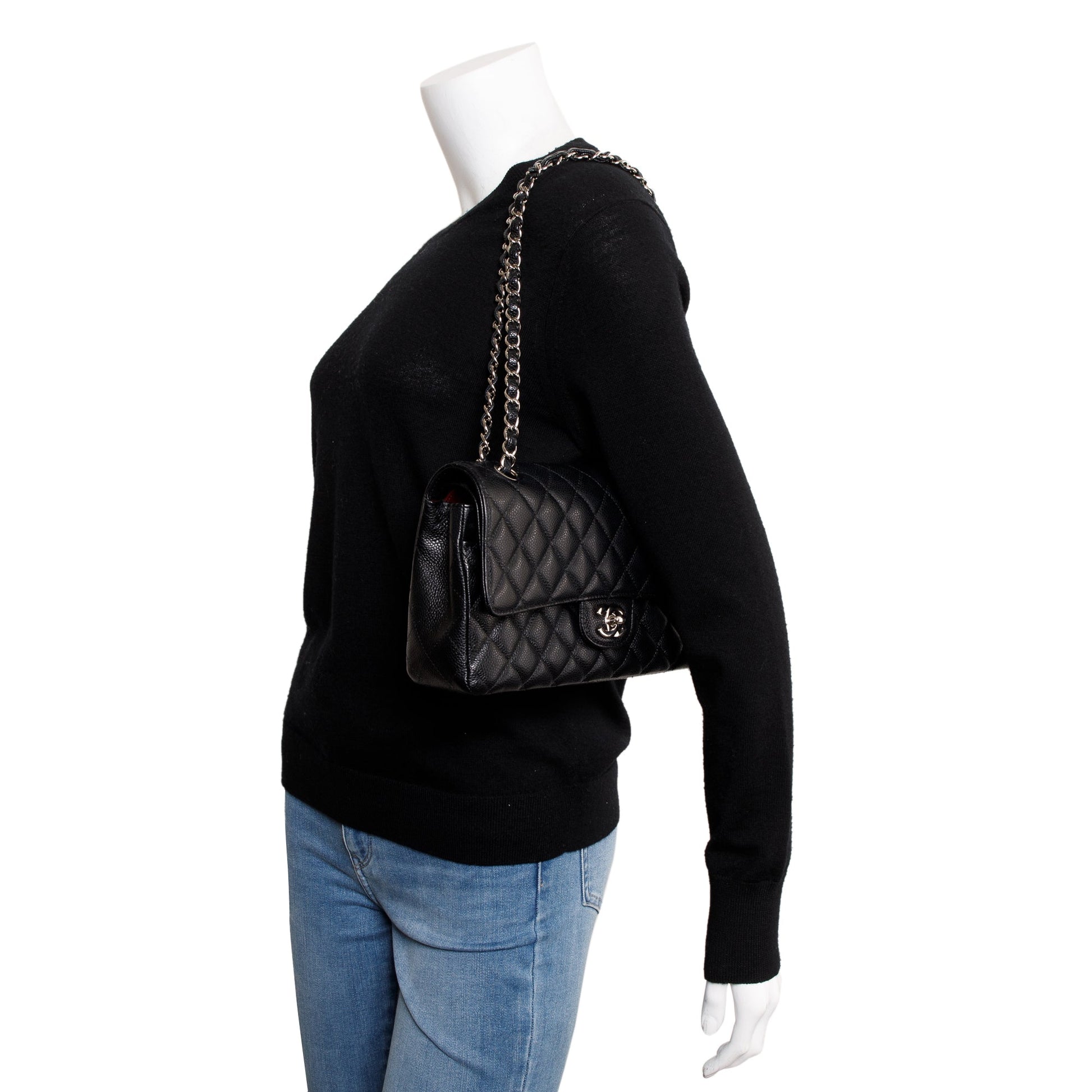 Chanel Quilted Caviar Classic Double Flap Leather Black Travel Bag