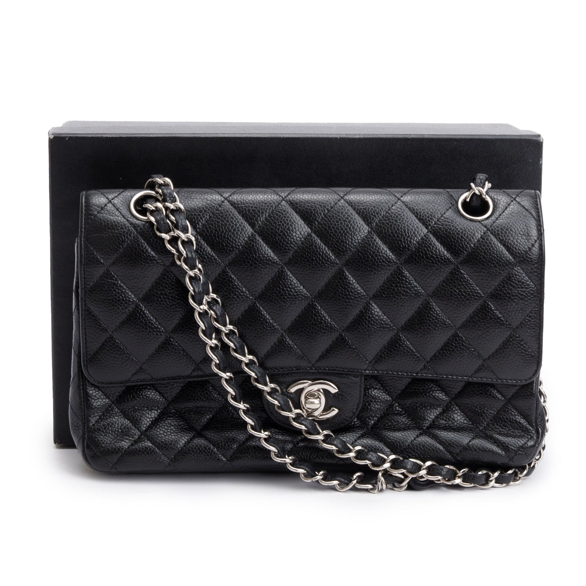 Chanel Quilted Caviar Classic Double Flap Leather Black Travel Bag W Box