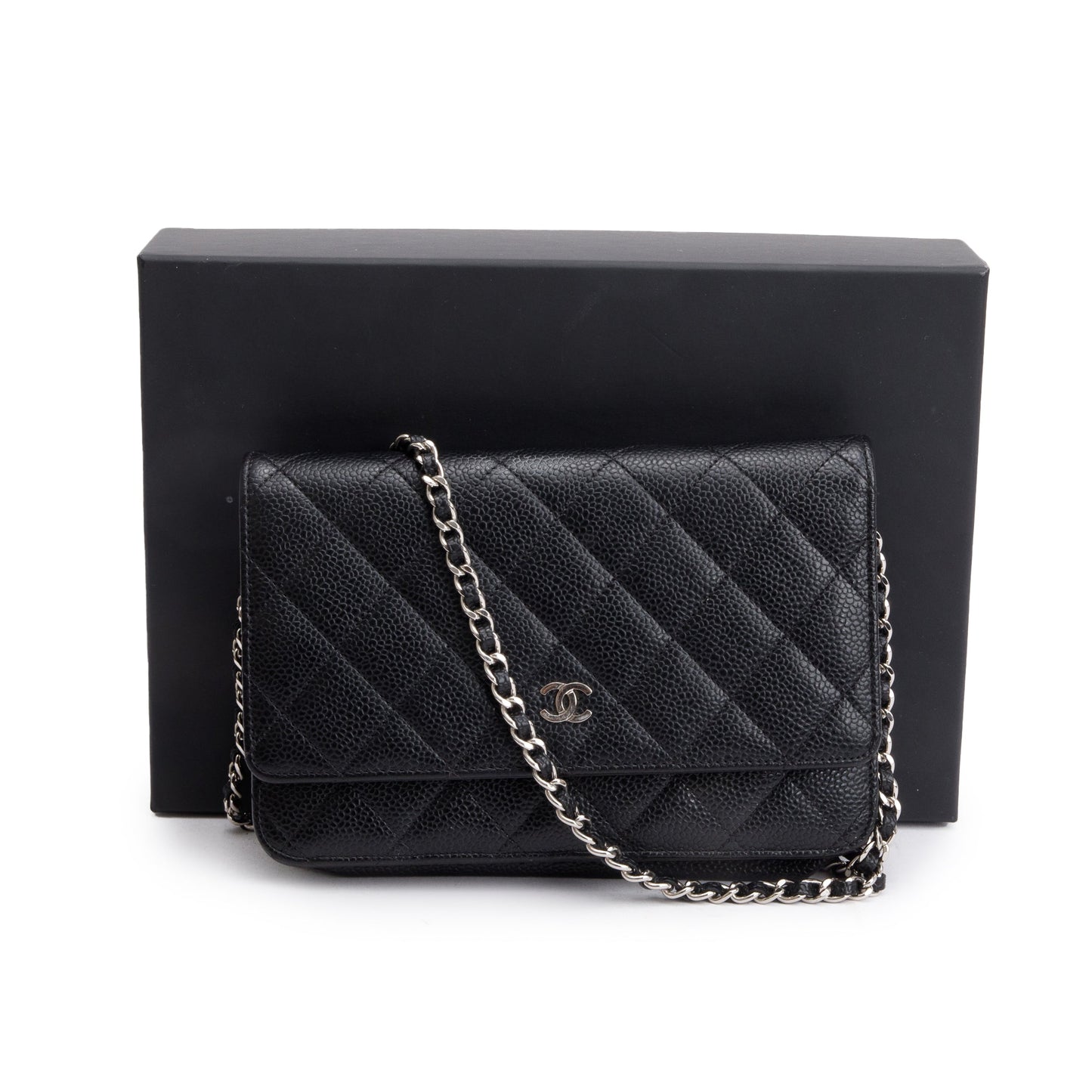 Chanel Quilted Caviar Classic on Leather Black Wallet Case W Box