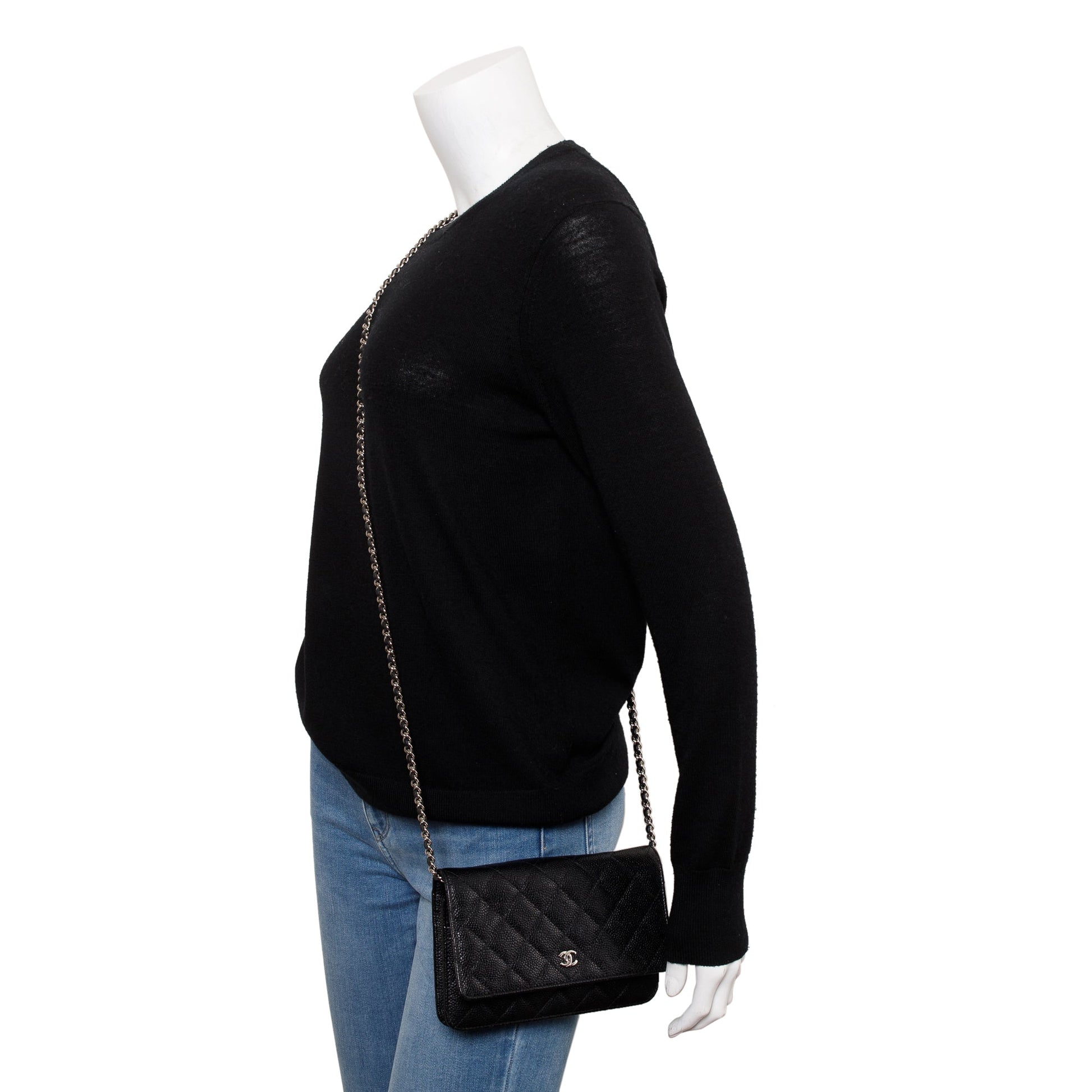 Chanel Quilted Caviar Classic on Leather Black Wallet Case
