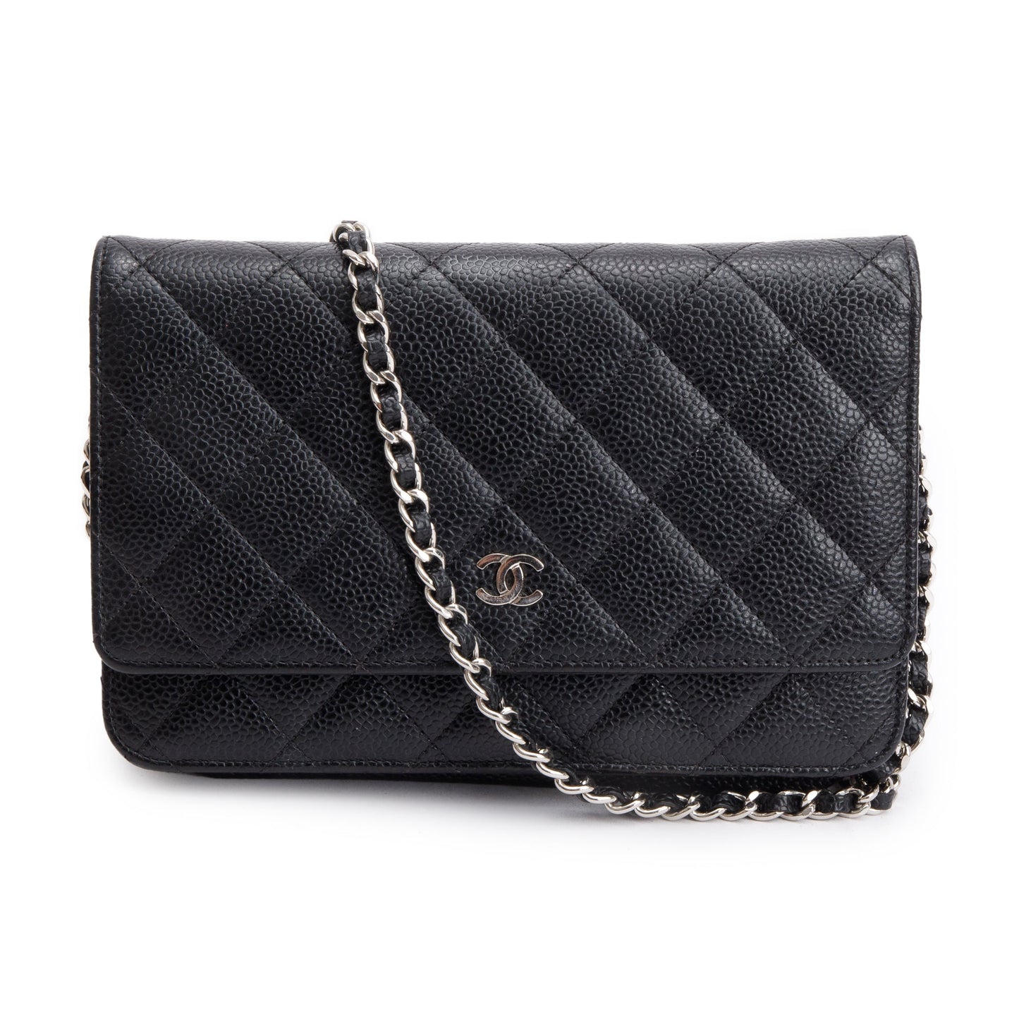Chanel Quilted Caviar Classic on Leather Black Wallet Case W Box