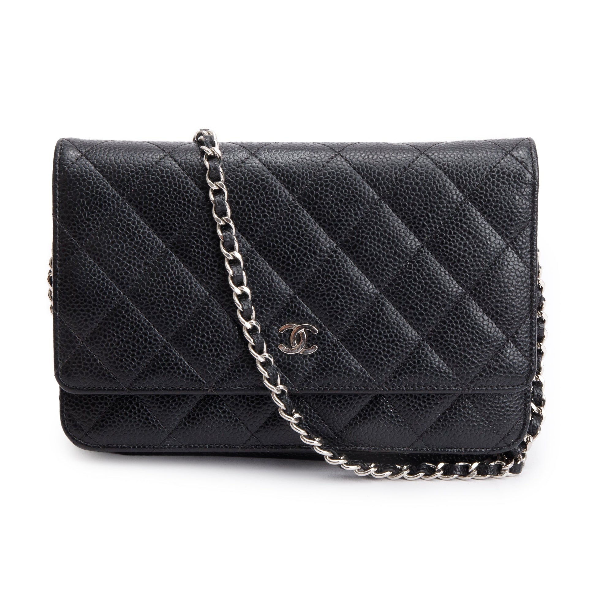 Chanel Quilted Caviar Classic on Leather Black Wallet Case W Box
