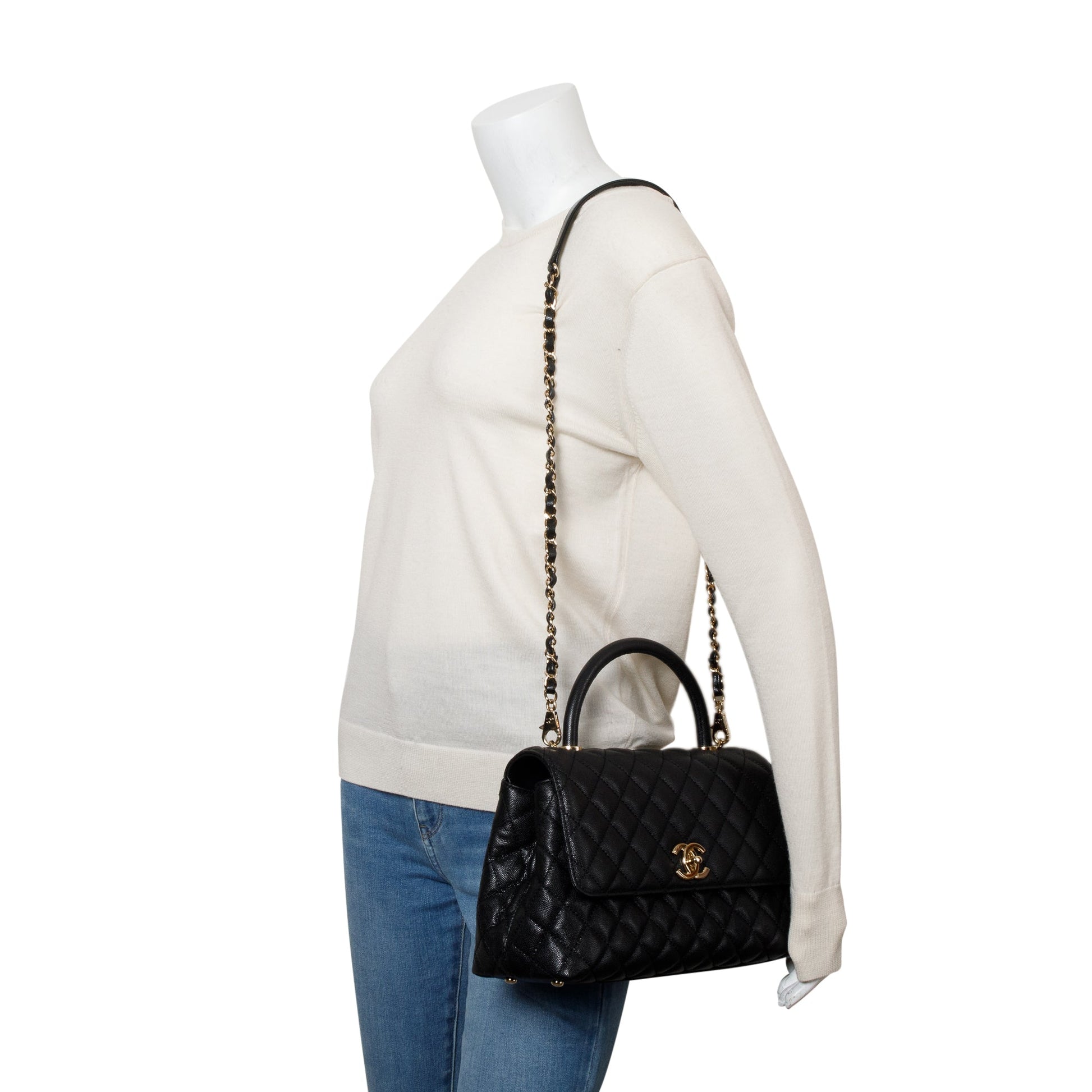 Chanel Quilted Caviar Flap Top Handle Leather Black Travel Bag