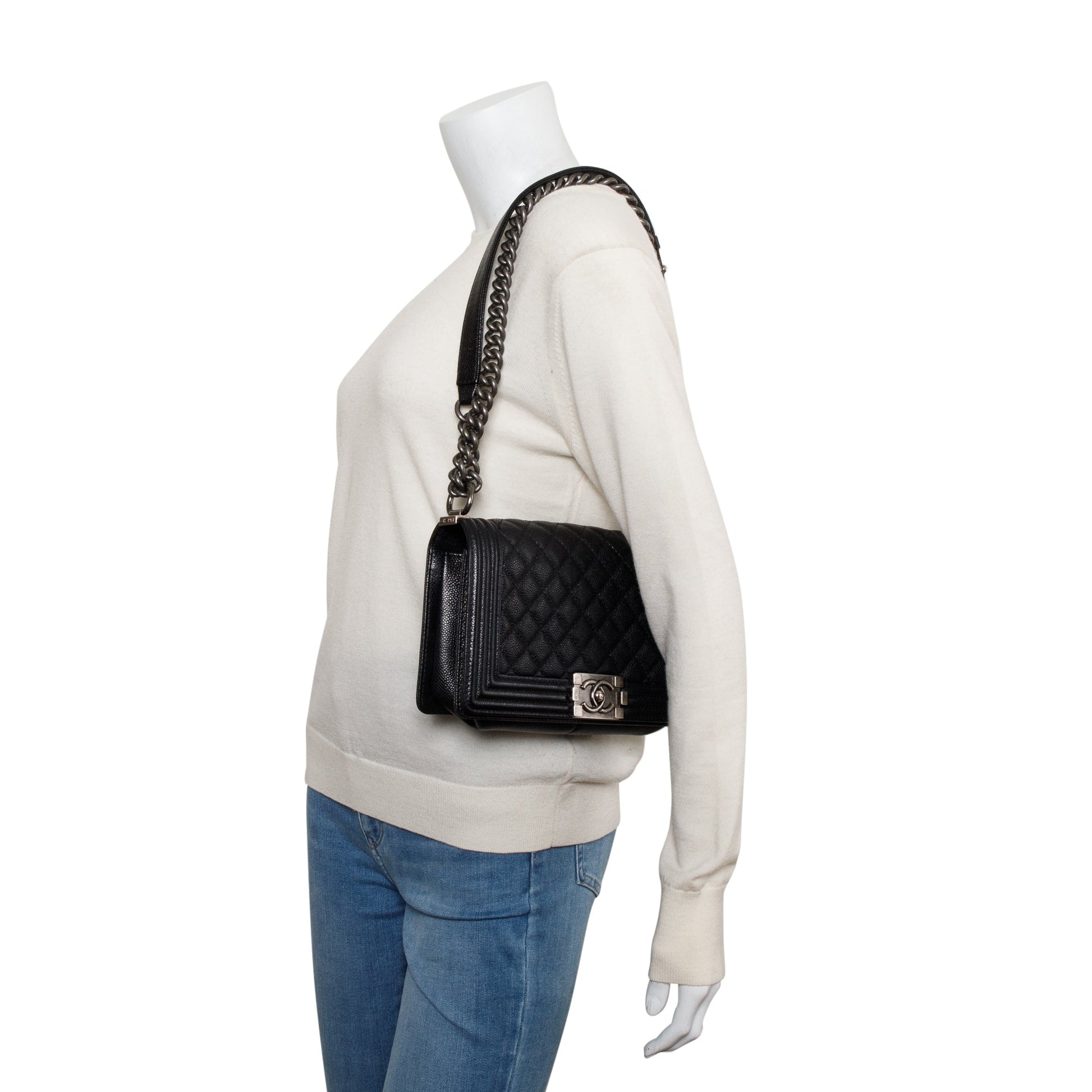 Chanel Quilted Caviar Boy Leather Black Travel Bag Boy Bag
