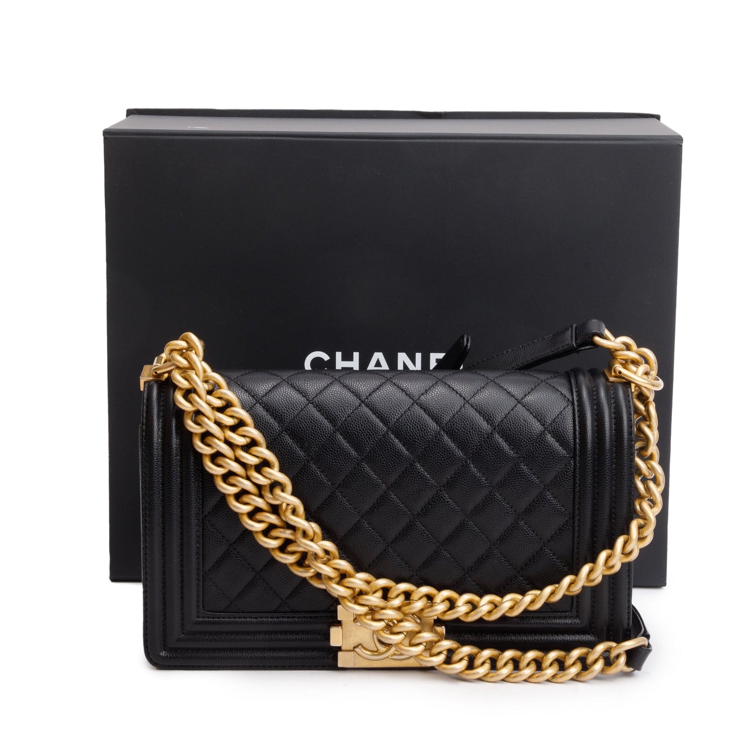 Chanel Quilted Caviar Boy Leather Black Travel Bag W Box