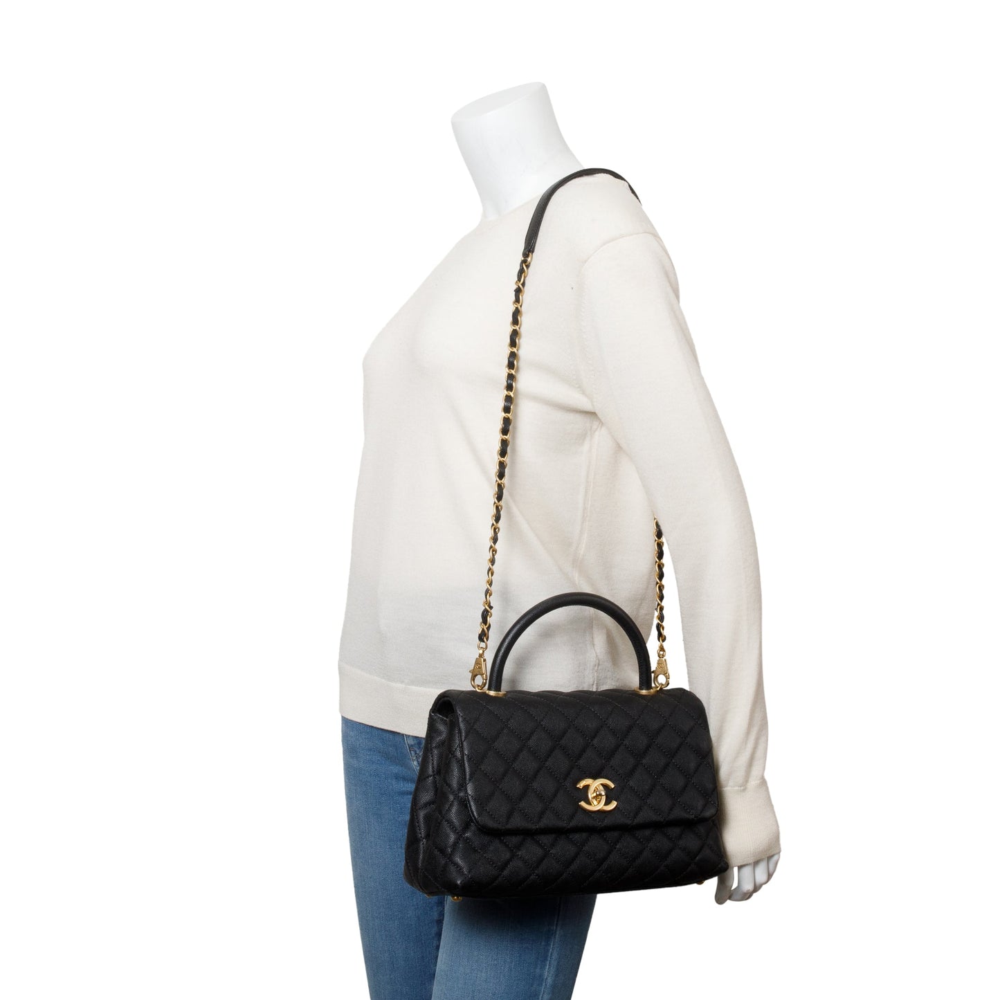 Chanel Quilted Caviar Coco Handle Leather Black Travel Bag