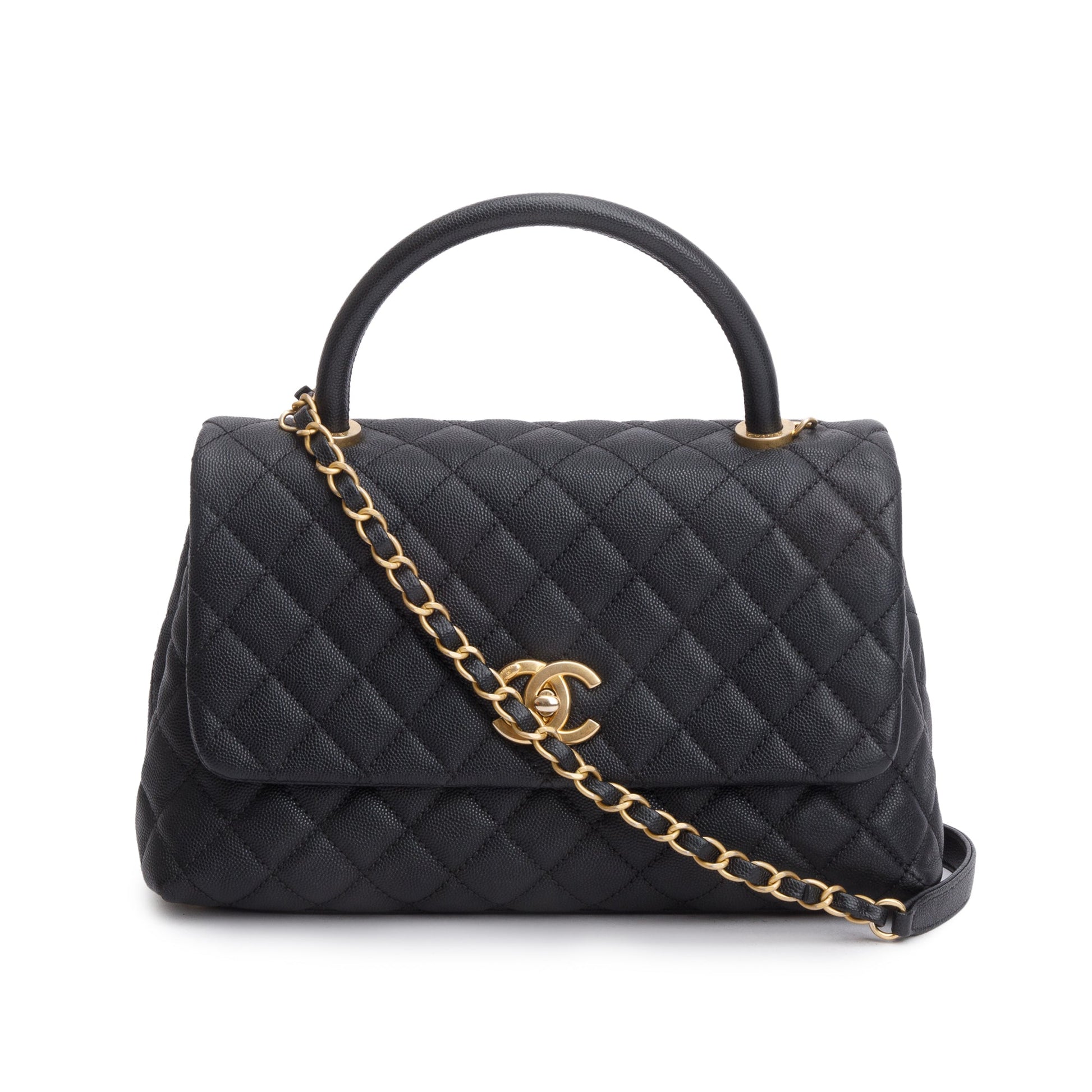 Chanel Quilted Caviar Coco Handle Leather Black Travel Bag