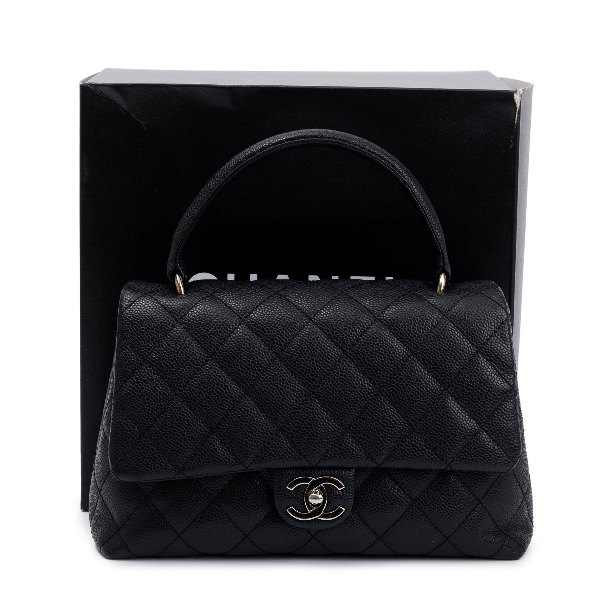 Chanel Quilted Caviar Kelly Top Handle Leather Black Travel Bag