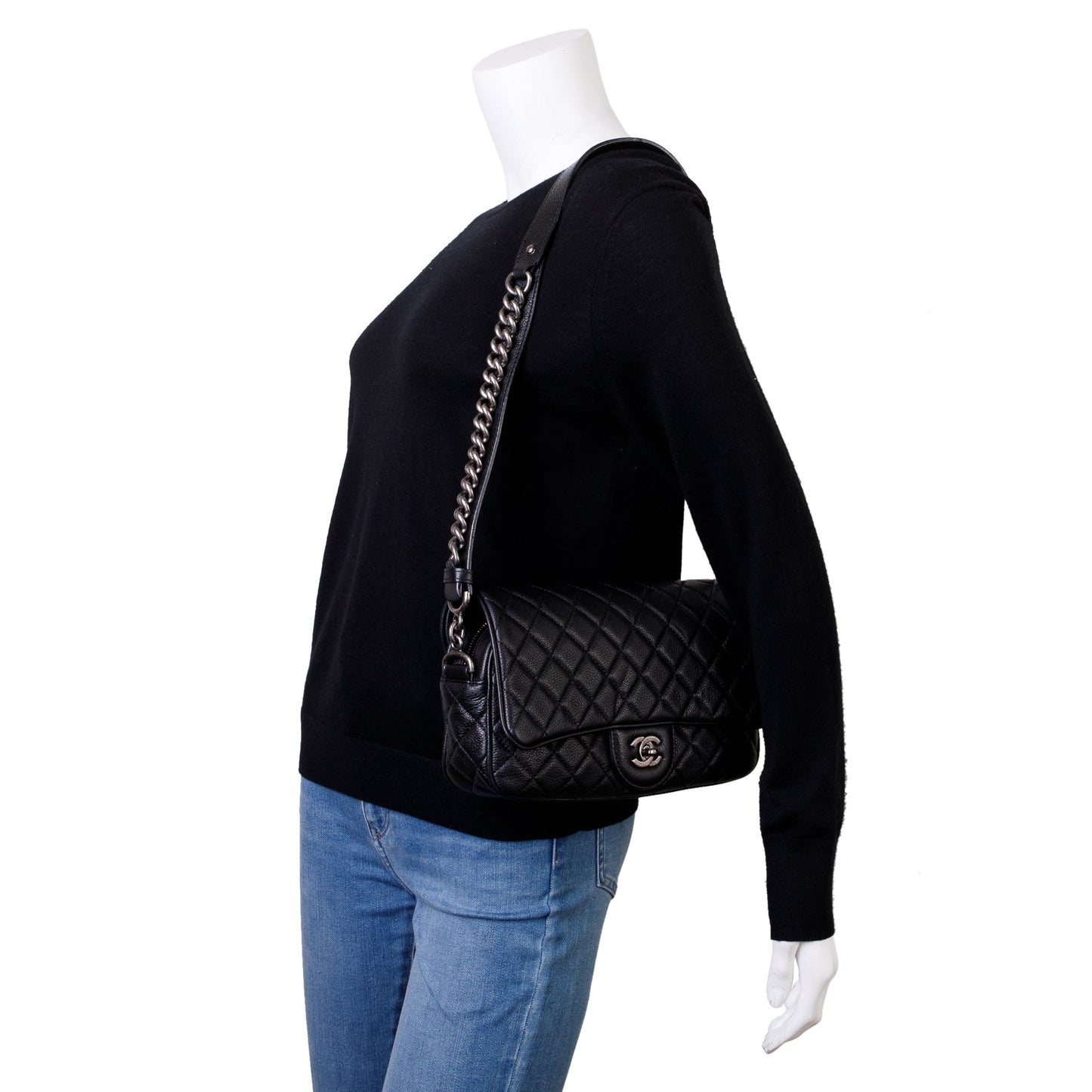 Chanel Quilted Caviar Casual Rock Flap Leather Black Travel Bag