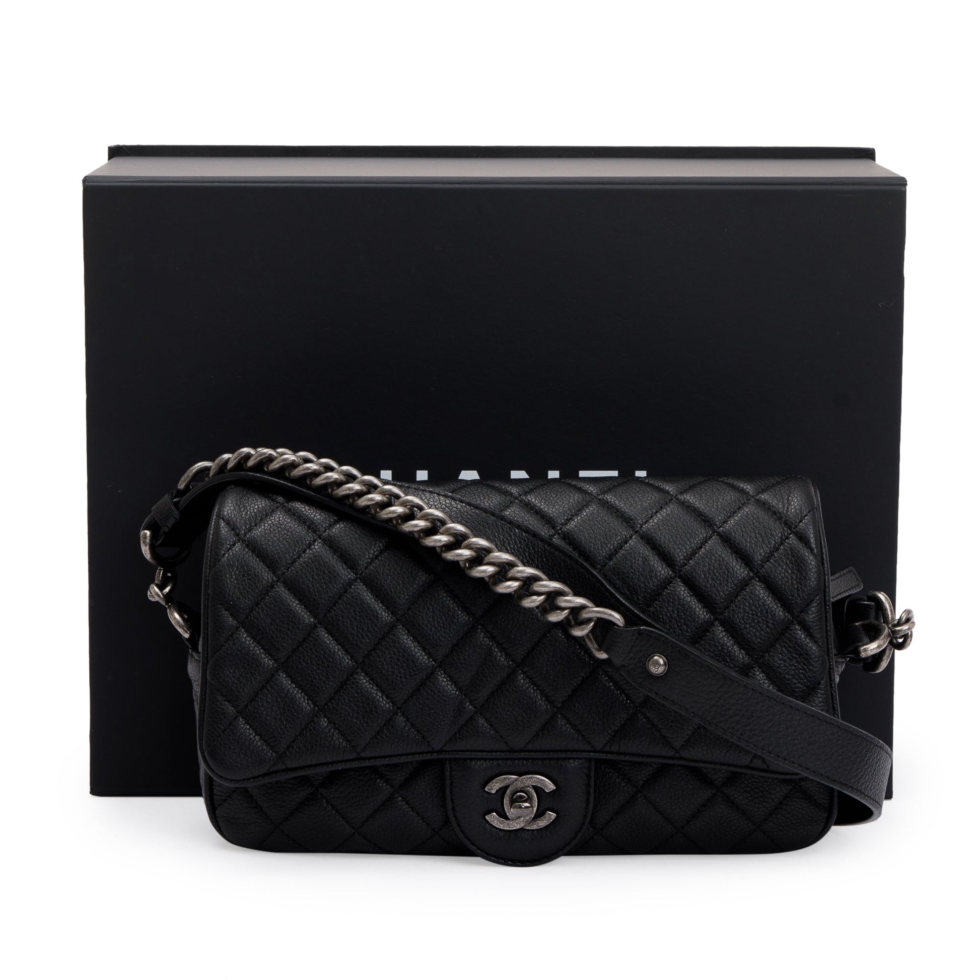 Chanel Quilted Caviar Casual Rock Flap Leather Black Travel Bag