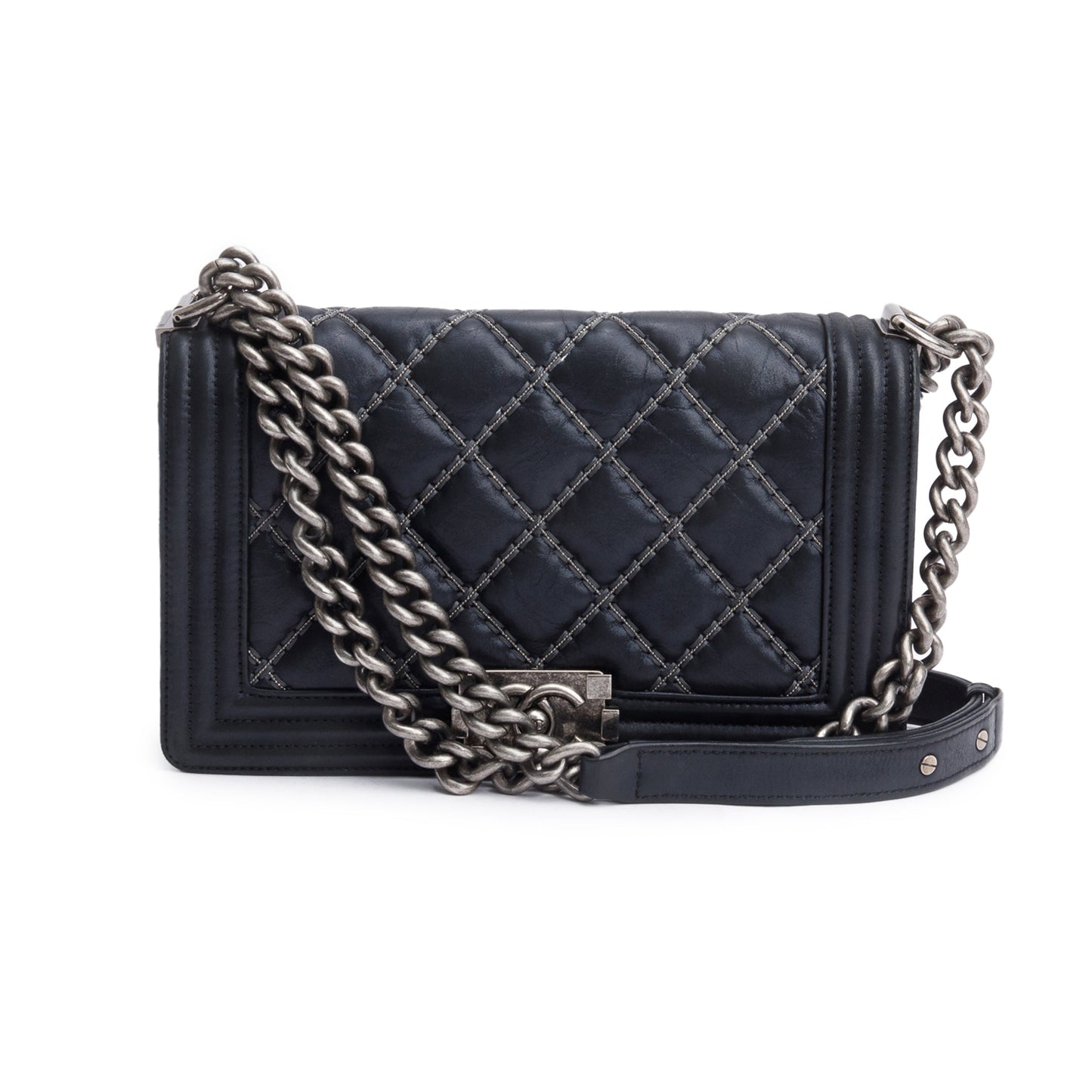 Chanel Quilted Iridescent Beaded Double Stitch Leather Calfskin Black Travel Bag