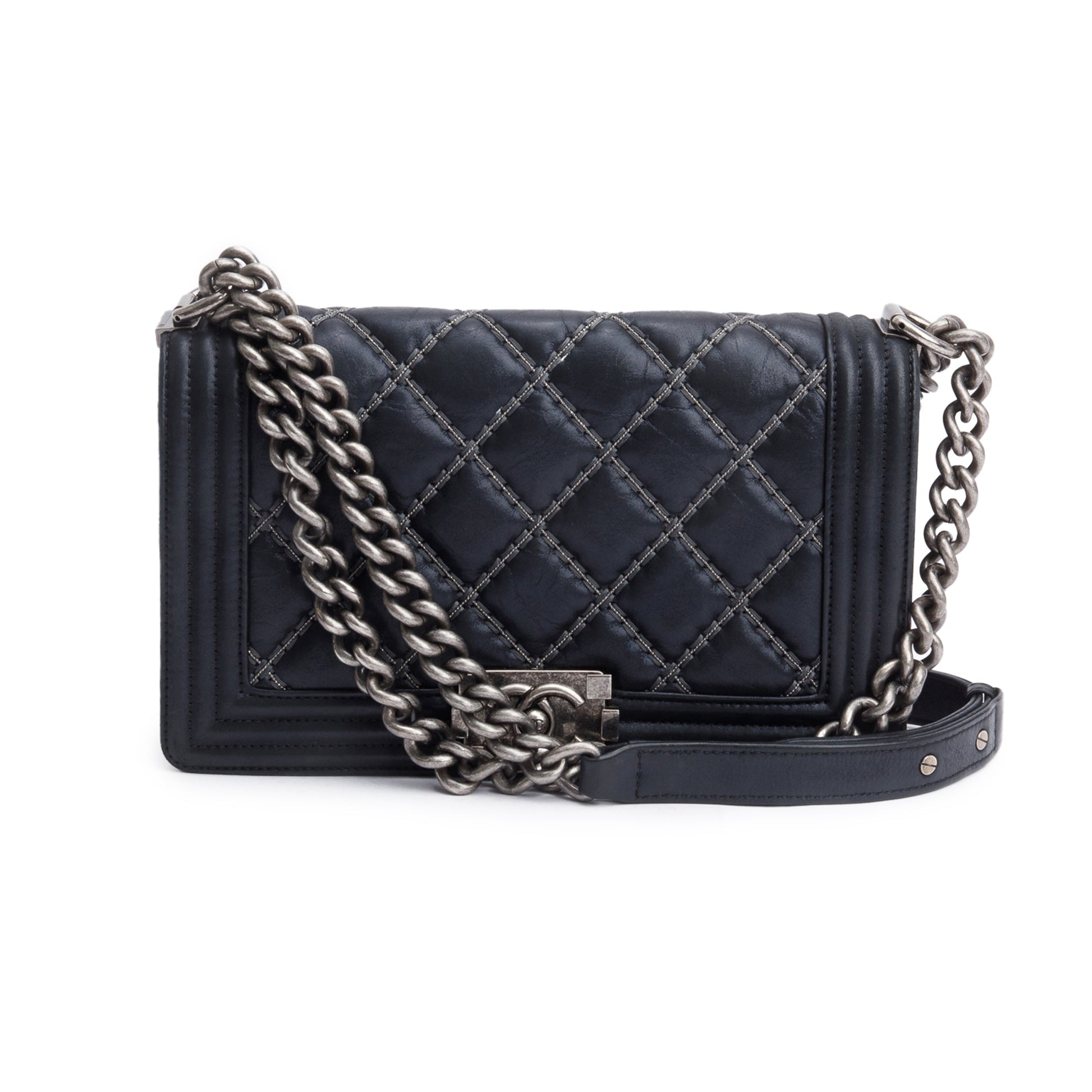 Chanel Quilted Iridescent Beaded Double Stitch Leather Calfskin Black Travel Bag